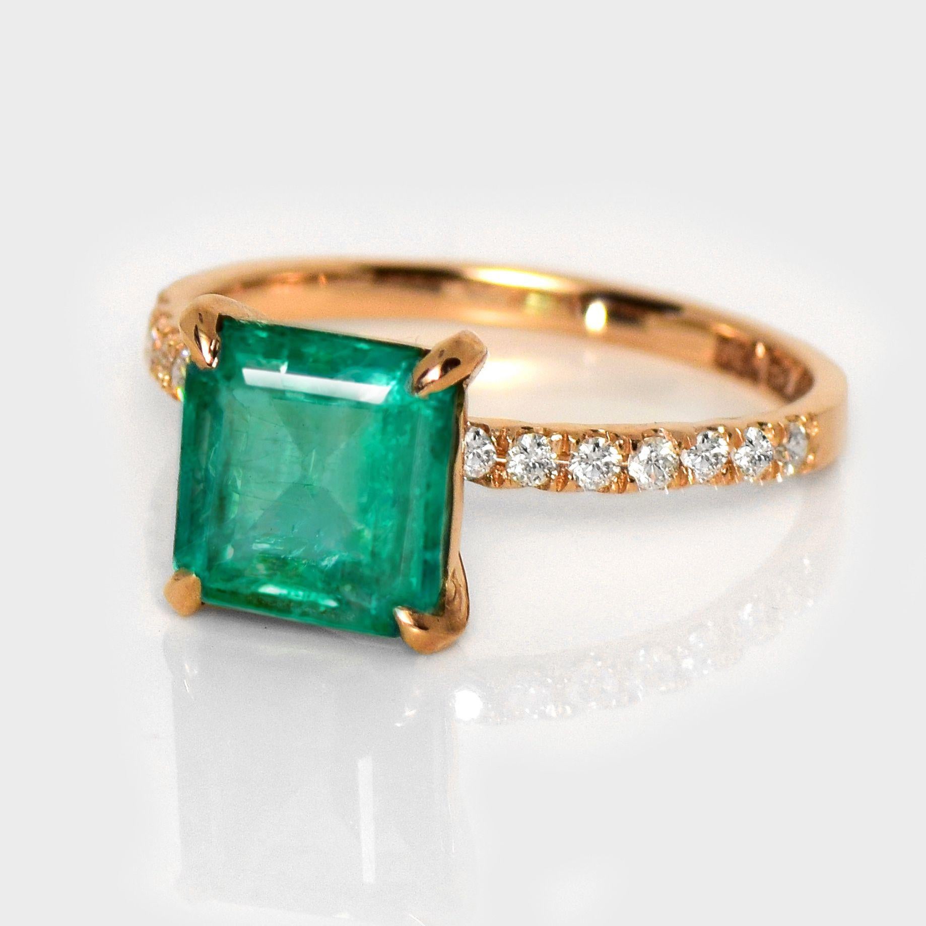 Emerald Cut IGI 14K 2.43 Ct Natural Emerald&Diamonds Antique Engagement Ring For Sale