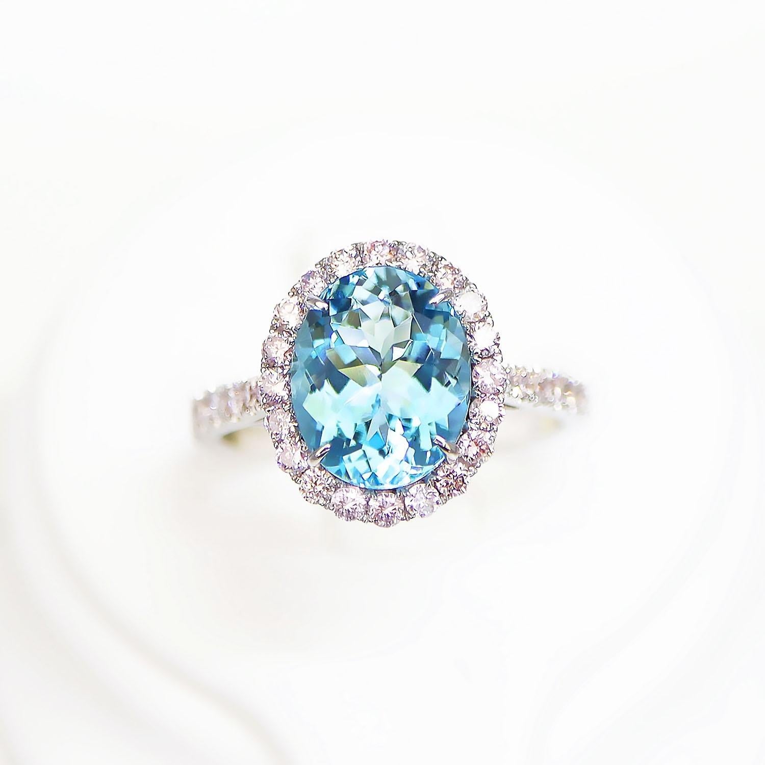 Oval Cut IGI 14K 2.50 Ct Aquamarine&Pink Diamonds Antique Art Deco Style Engagement Ring For Sale