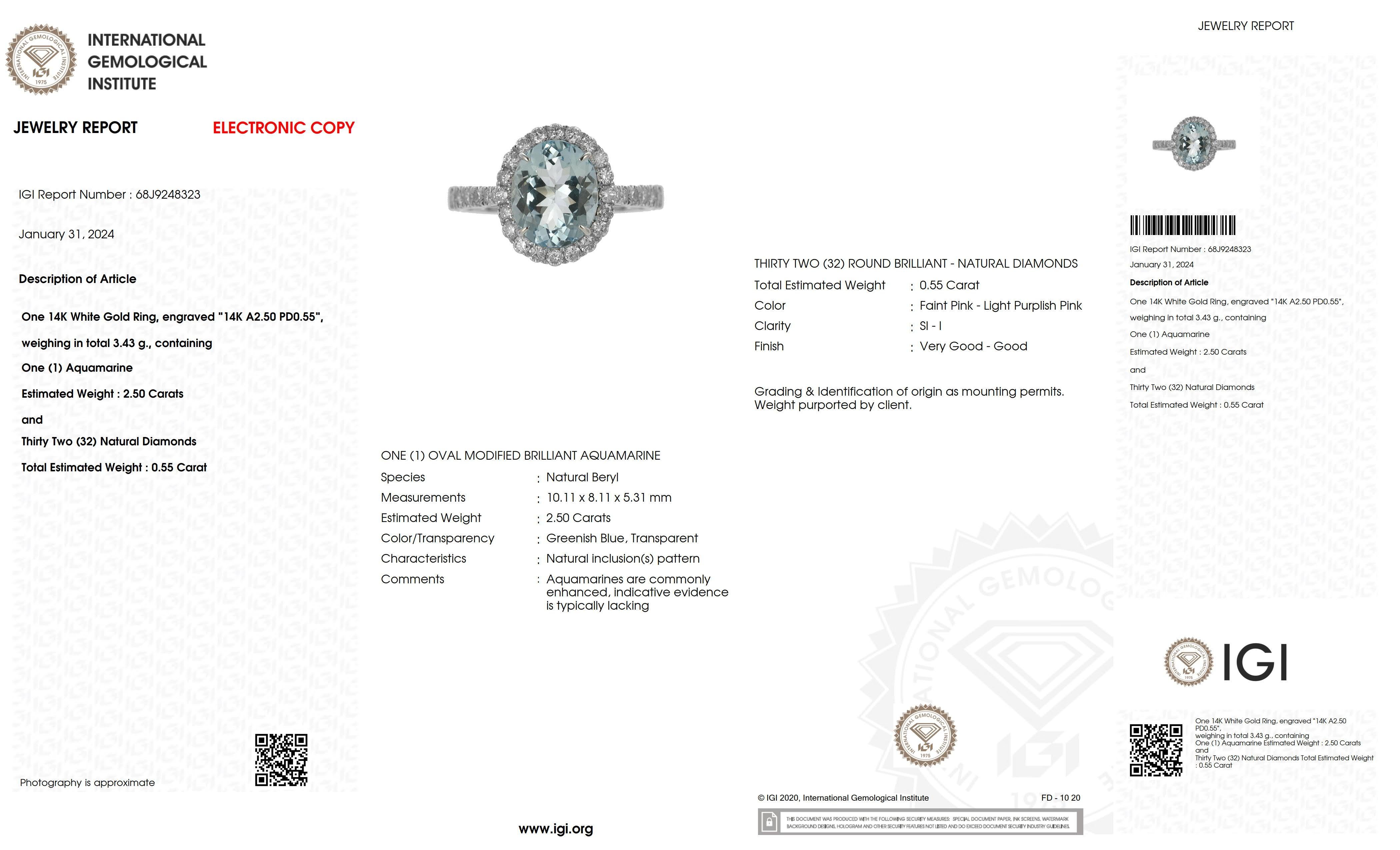 IGI 14K 2.50 Ct Aquamarine&Pink Diamonds Antique Art Deco Style Engagement Ring For Sale 3