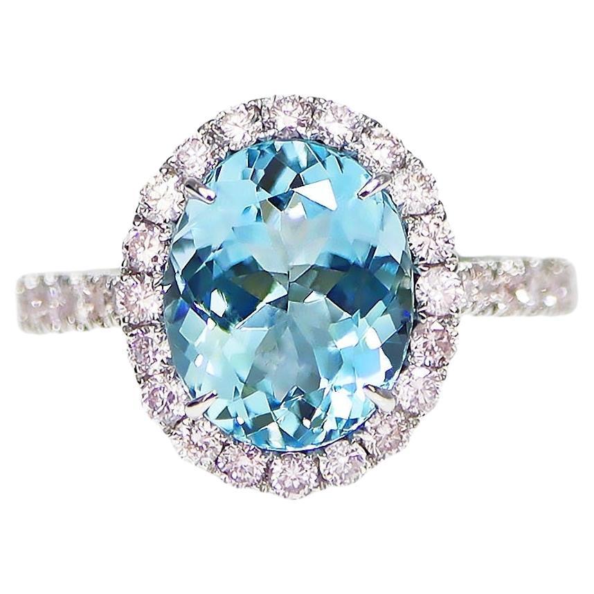 IGI 14K 2.50 Ct Aquamarine&Pink Diamonds Antique Art Deco Style Engagement Ring