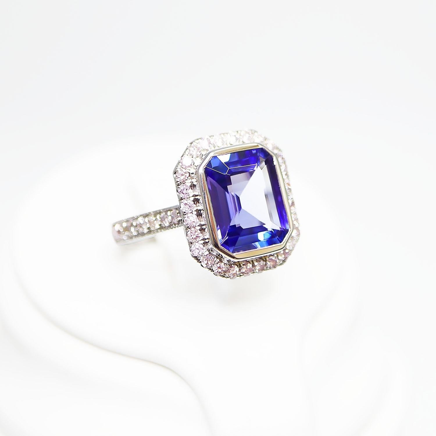 Contemporary IGI 14K 2.50 ct Tanzanite&Pink Diamond Antique Art Deco Engagement Ring For Sale