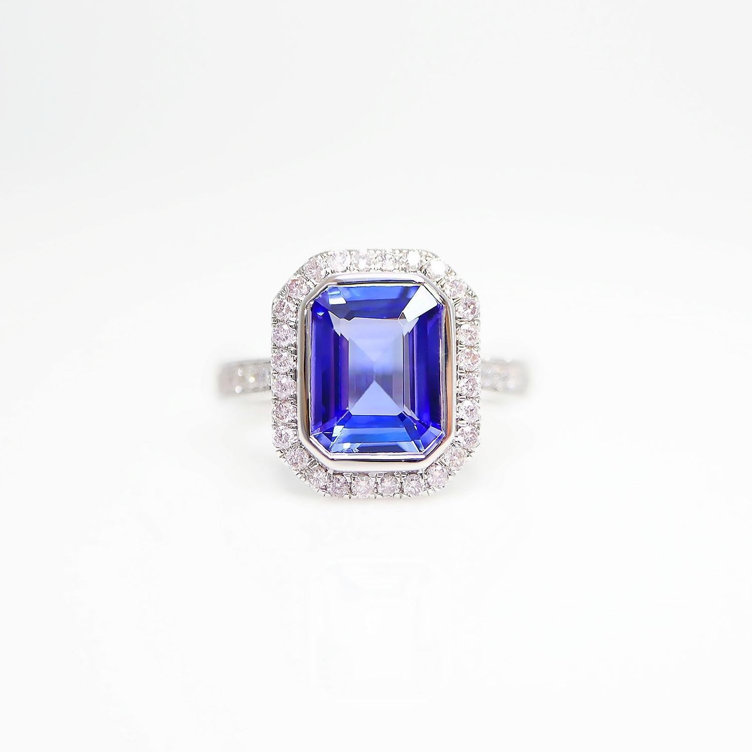 IGI 14K 2.50 ct Tanzanite&Pink Diamond Antiker Art Deco Verlobungsring (Smaragdschliff) im Angebot
