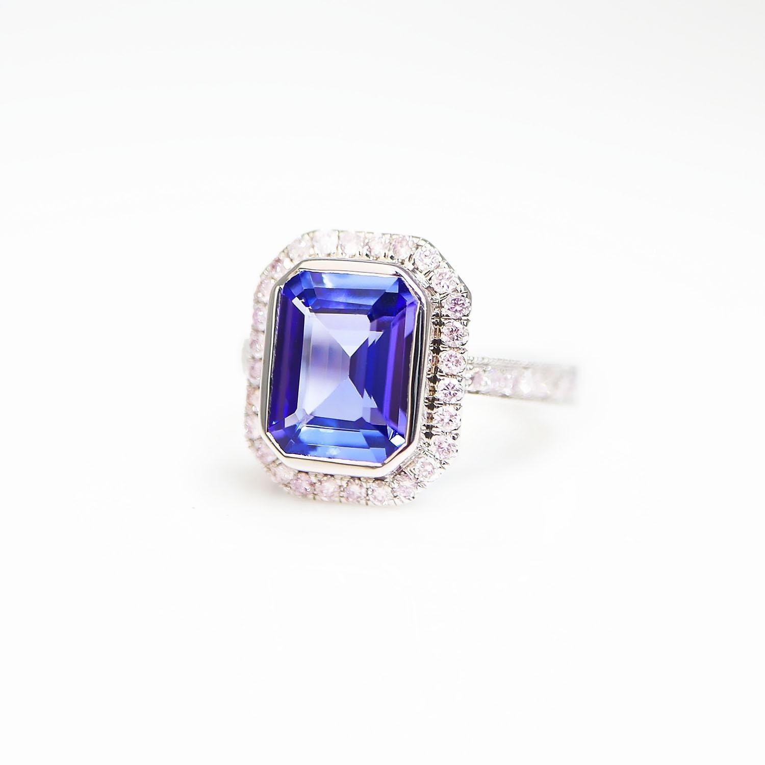 IGI 14K 2.50 ct Tanzanite&Pink Diamond Antique Art Deco Engagement Ring In New Condition For Sale In Kaohsiung City, TW