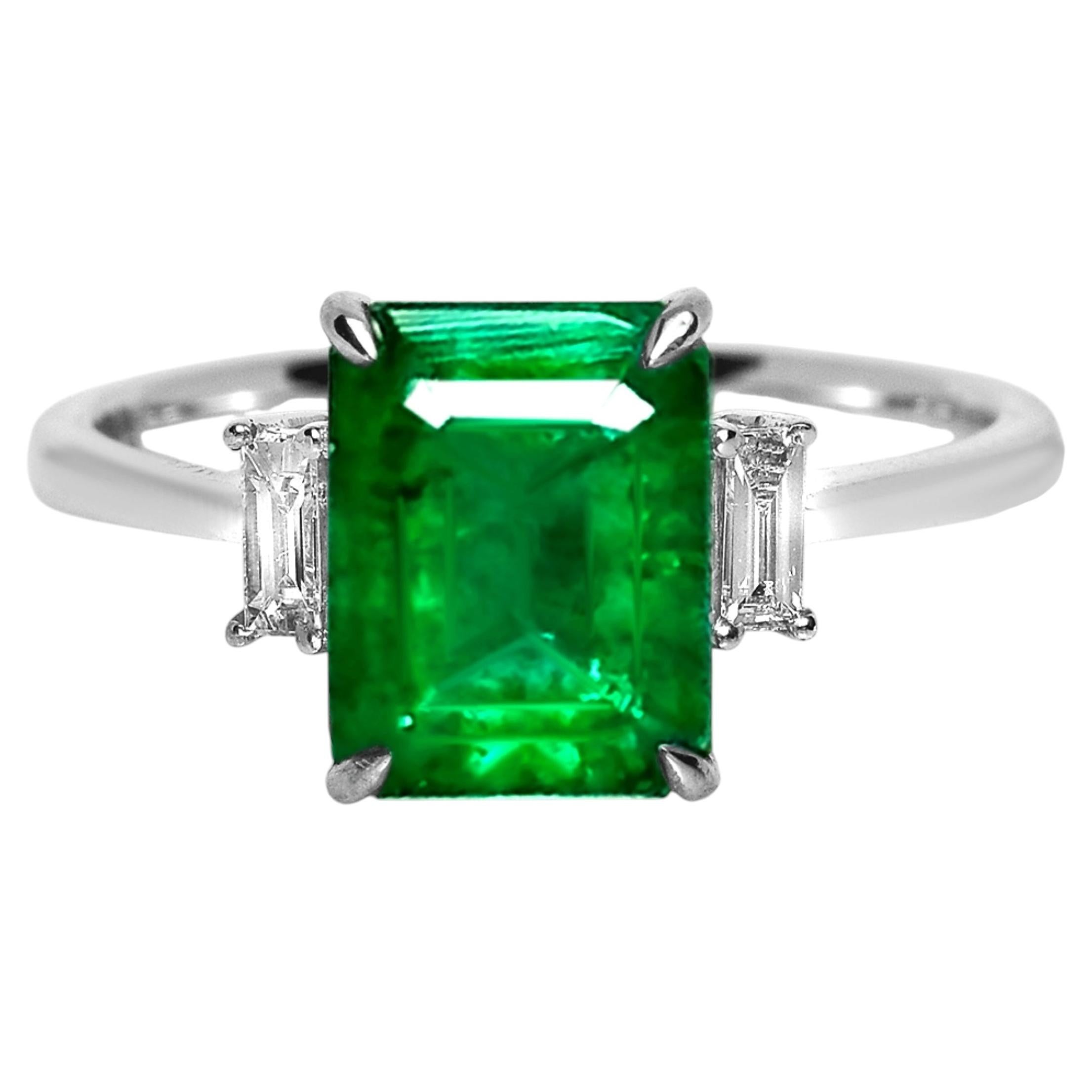 IGI 14K 2.51 Ct Natural Vivid Green Emerald&Diamonds 3-Stone Engagement Ring
