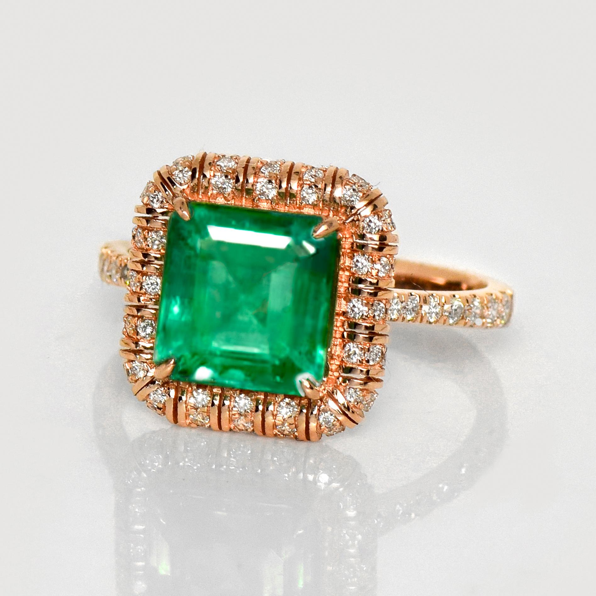 Emerald Cut IGI 14K 2.52 Ct Natural Emerald&Diamonds Antique Engagement Ring For Sale