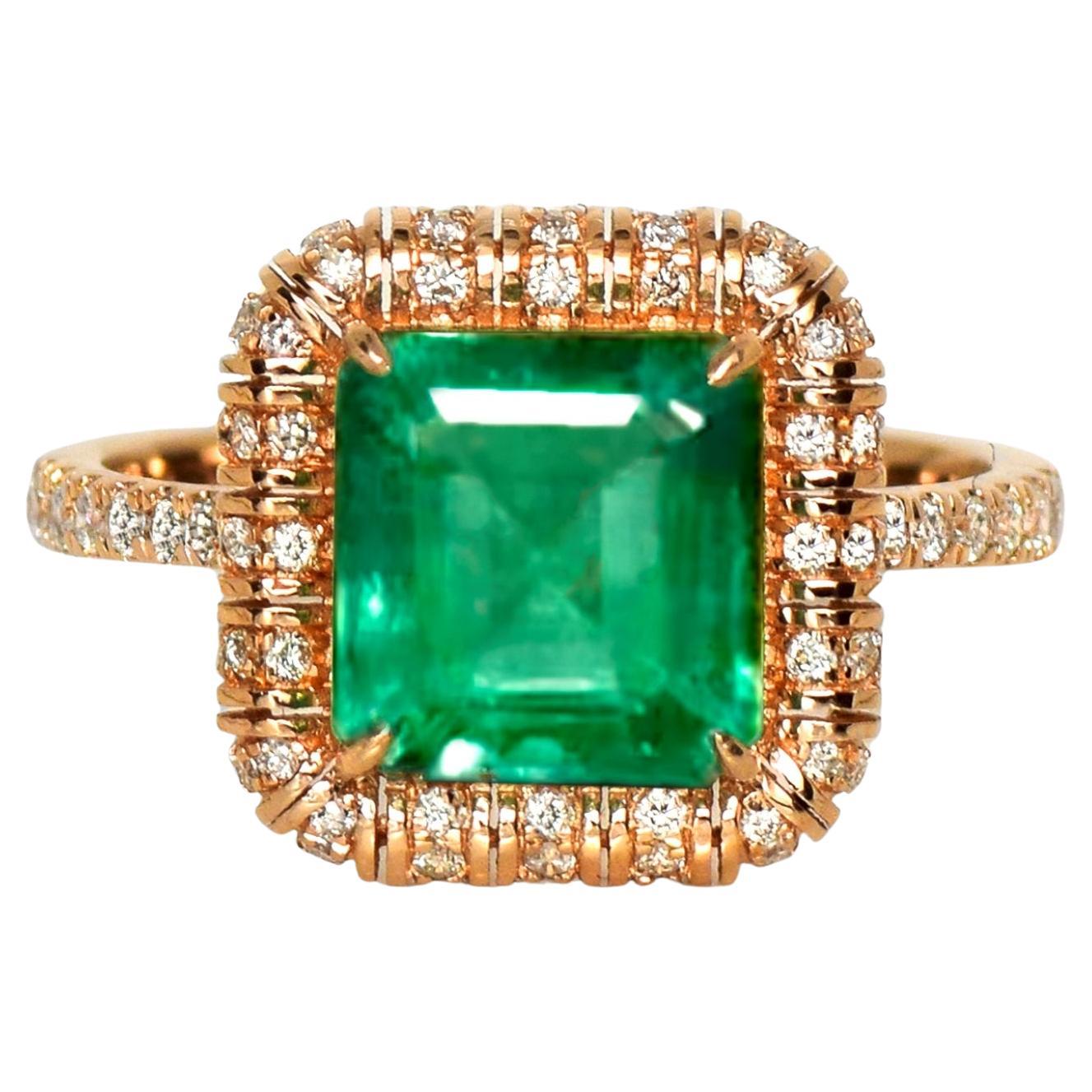 Bague de fiançailles IGI 14K 2.52 Ct Natural Emerald&Diamonds Antique