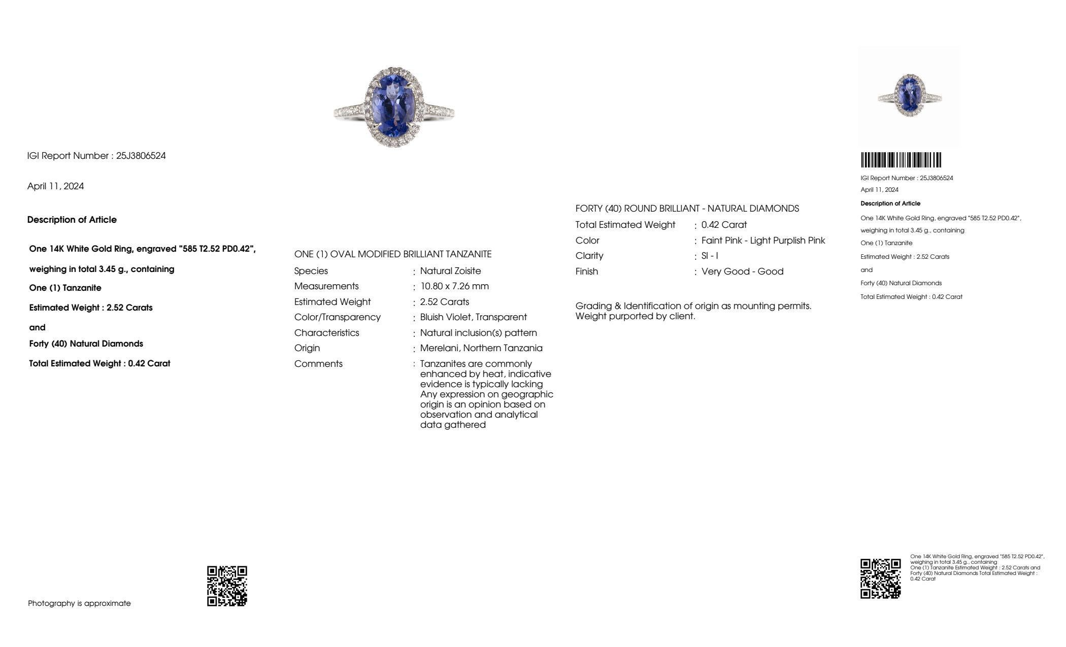 IGI 14K 2.52 ct Tanzanite&Pink Diamond Antique Art Deco Engagement Ring For Sale 2