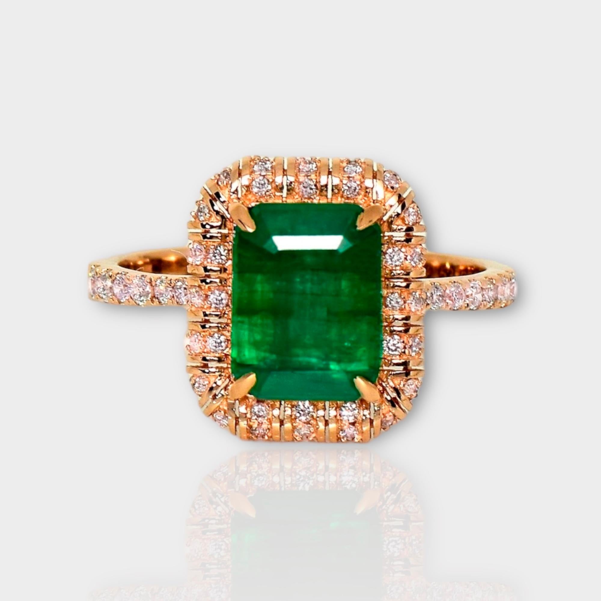 *IGI 14K 2.53 ct Natural Green Emerald&Pink Diamond Art Deco Engagement Ring*
IGI-certified natural Zambia green emerald weighing 2.53 ct set on the 14K rose gold arc deco design band with natural pink diamonds weighing 0.35 ct. 

The good-quality