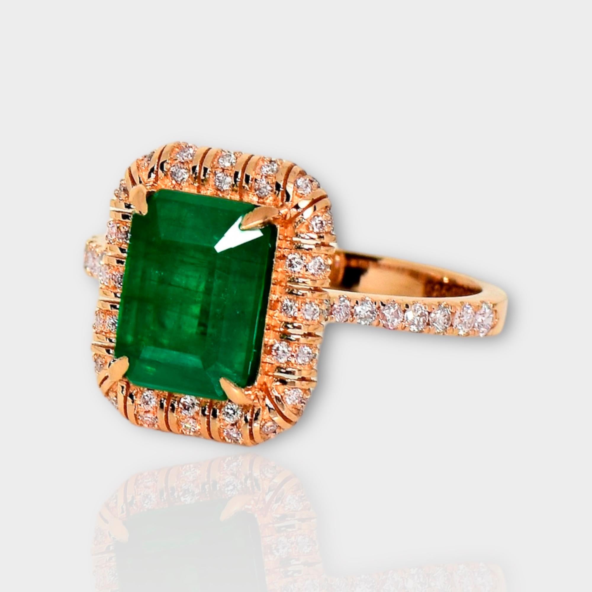 Emerald Cut IGI 14K 2.53 ct Natural Green Emerald&Pink Diamond Art Deco Engagement Ring For Sale