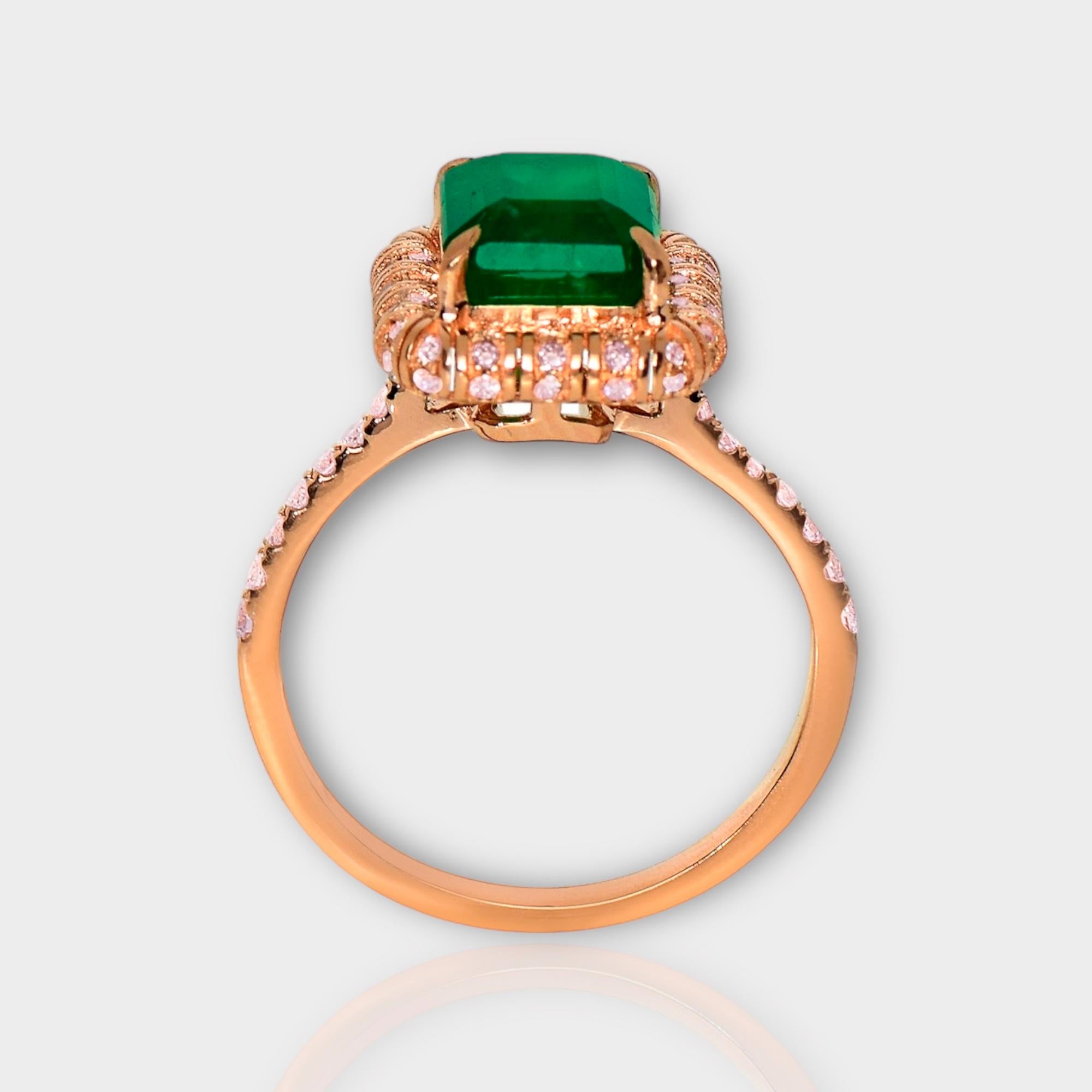 Taille émeraude Bague de fiançailles Art Deco IGI 14K 2.53 ct Natural Green Emerald&Pink Diamond en vente
