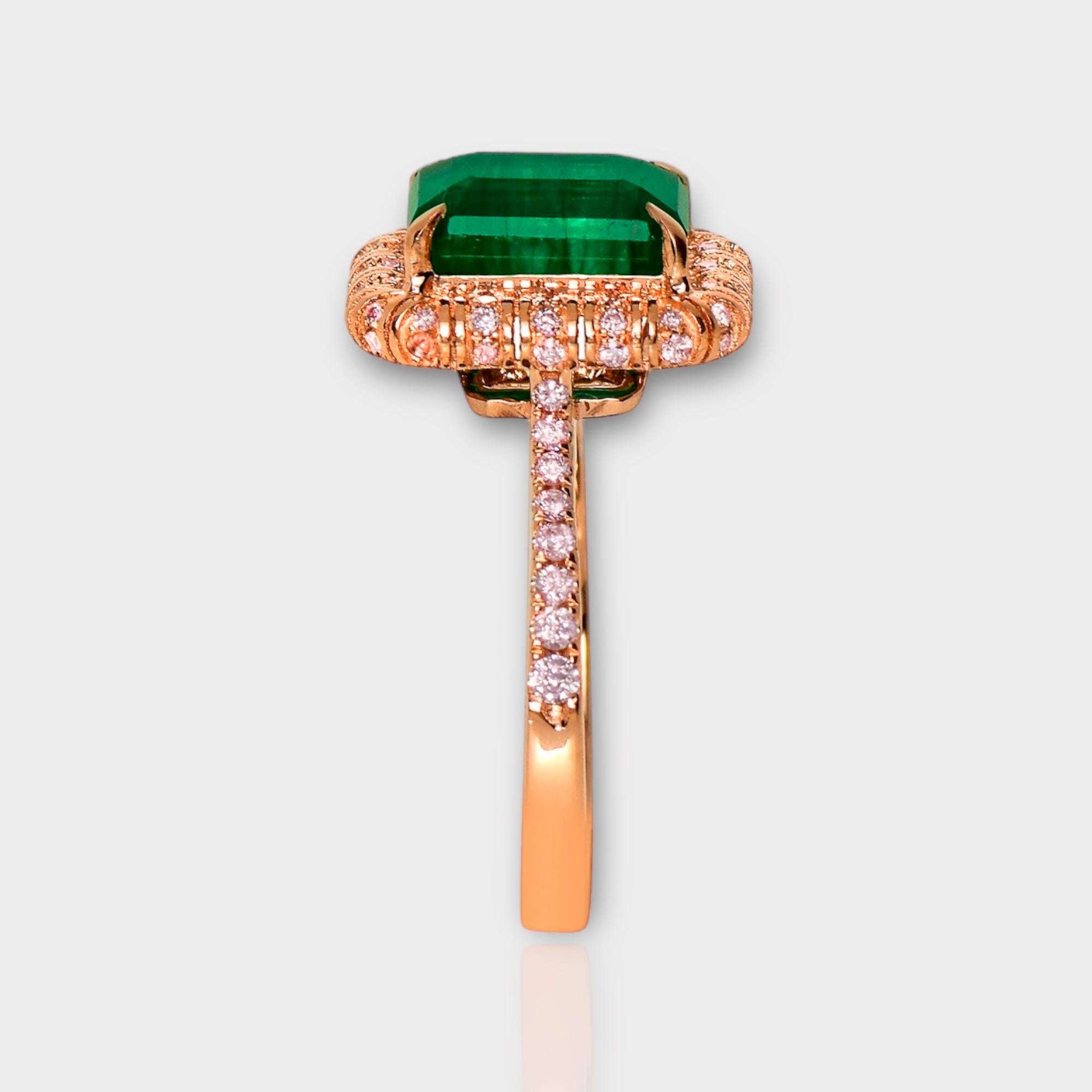 Women's or Men's IGI 14K 2.53 ct Natural Green Emerald&Pink Diamond Art Deco Engagement Ring For Sale