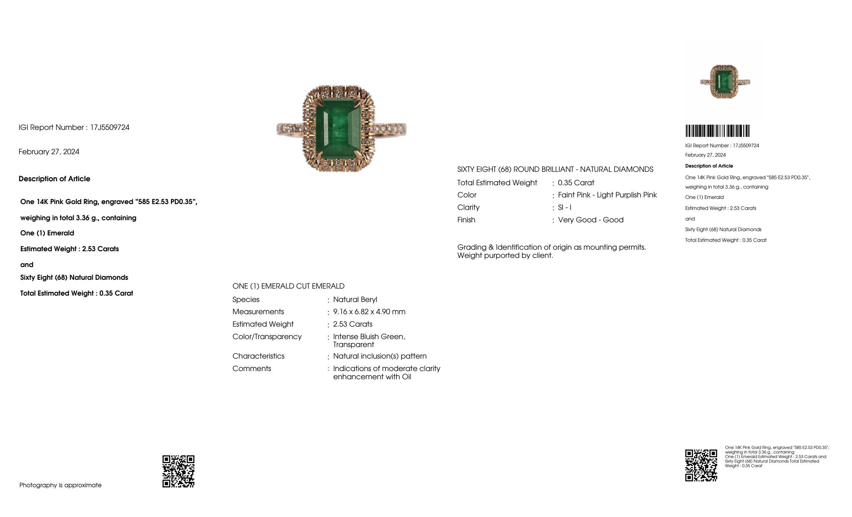 IGI 14K 2.53 ct Natural Green Emerald&Pink Diamond Art Deco Engagement Ring For Sale 3