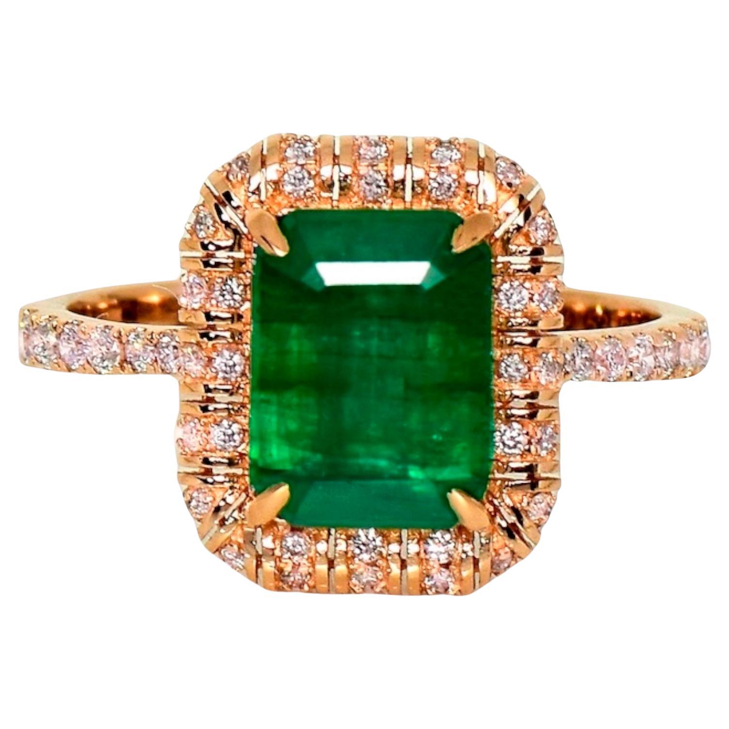 Bague de fiançailles Art Deco IGI 14K 2.53 ct Natural Green Emerald&Pink Diamond en vente
