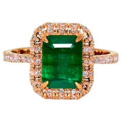 Bague de fiançailles Art Deco IGI 14K 2.53 ct Natural Green Emerald&Pink Diamond