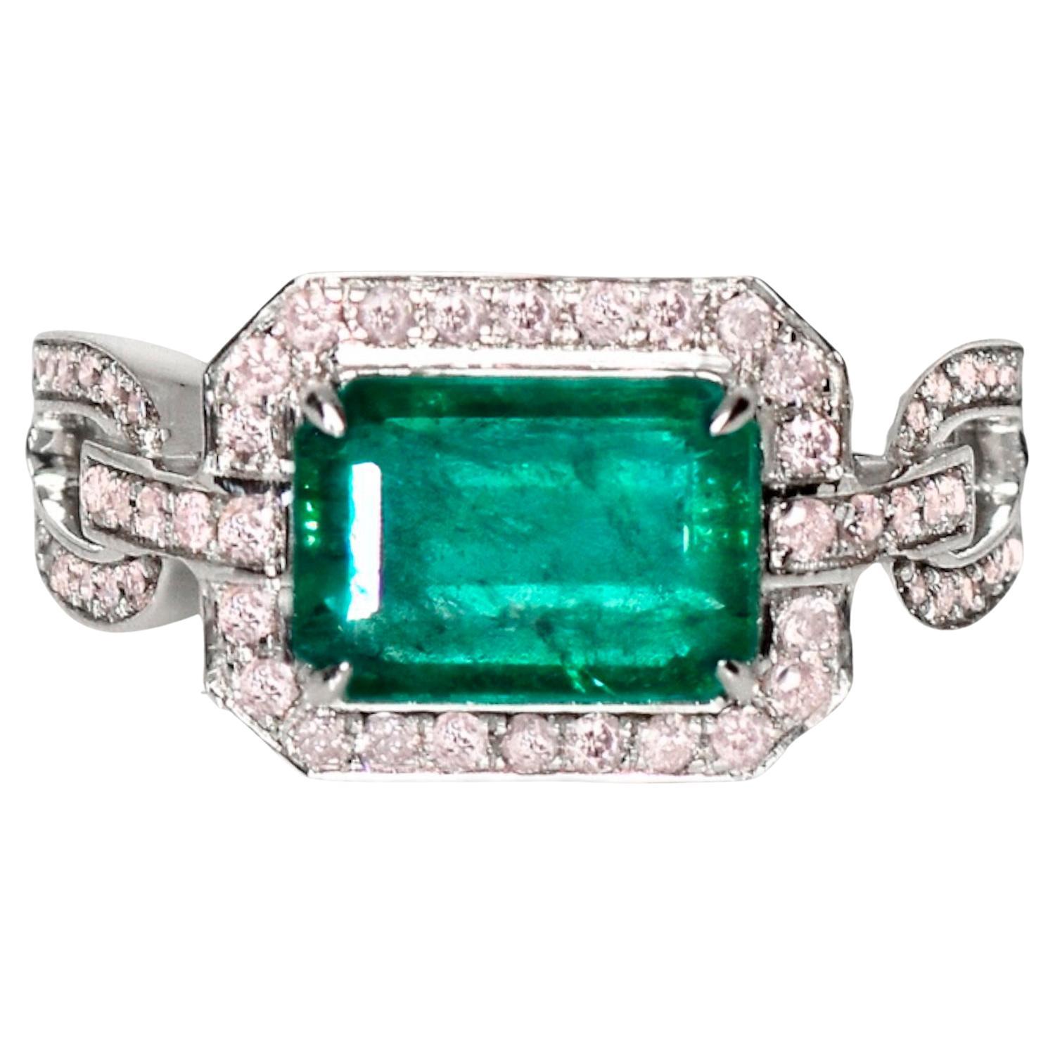 IGI 2.53 ct 14K White Gold Natural Green Emerald&Pink Diamond Engagement Ring