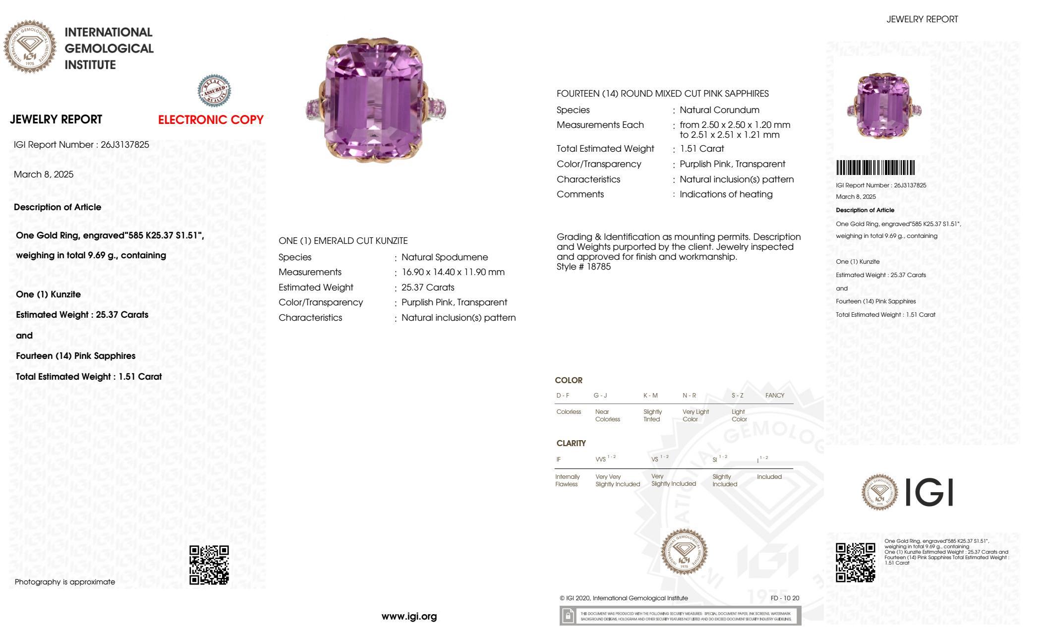 IGI 14K 25.37 ct Pink Kunzite&Sapphires Art Deco Cocktail Ring For Sale 2