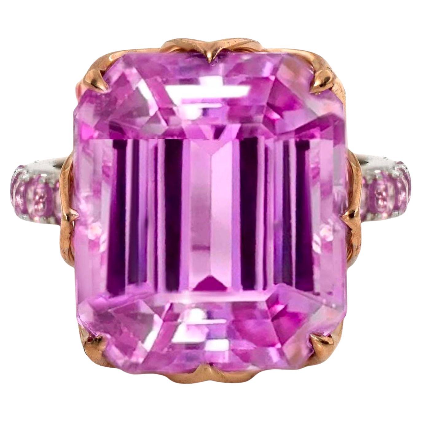Anello Cocktail Art Deco IGI 14K 25,37 ct Kunzite rosa e zaffiri