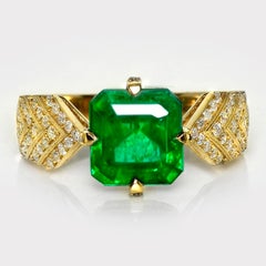 IGI 14K 2.54 Ct Natural Vivid Green Emerald&Diamonds Art Deco Engagement Ring