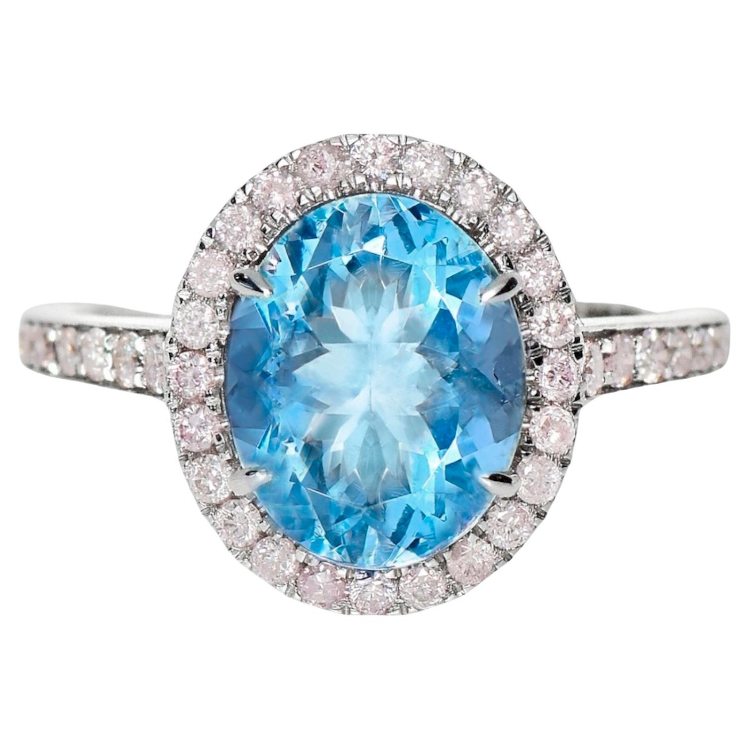 Bague de fiançailles IGI 14K 2.55 Ct Aquamarine&Pink Diamonds Antique Art Deco Style en vente