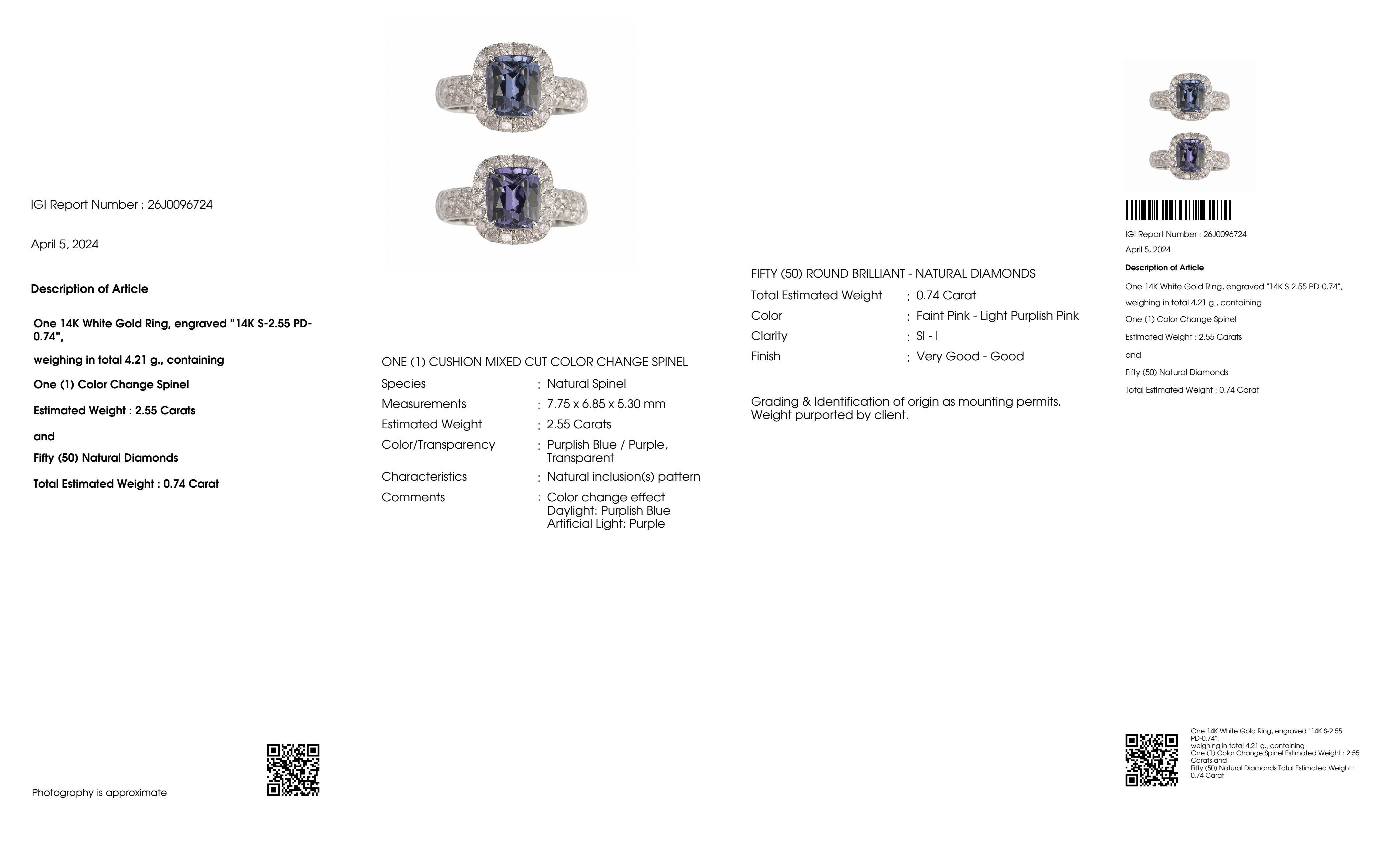 IGI 14K 2.55 Ct Color Change Blue Spinel&Pink Diamonds Antique Engagement Ring For Sale 2