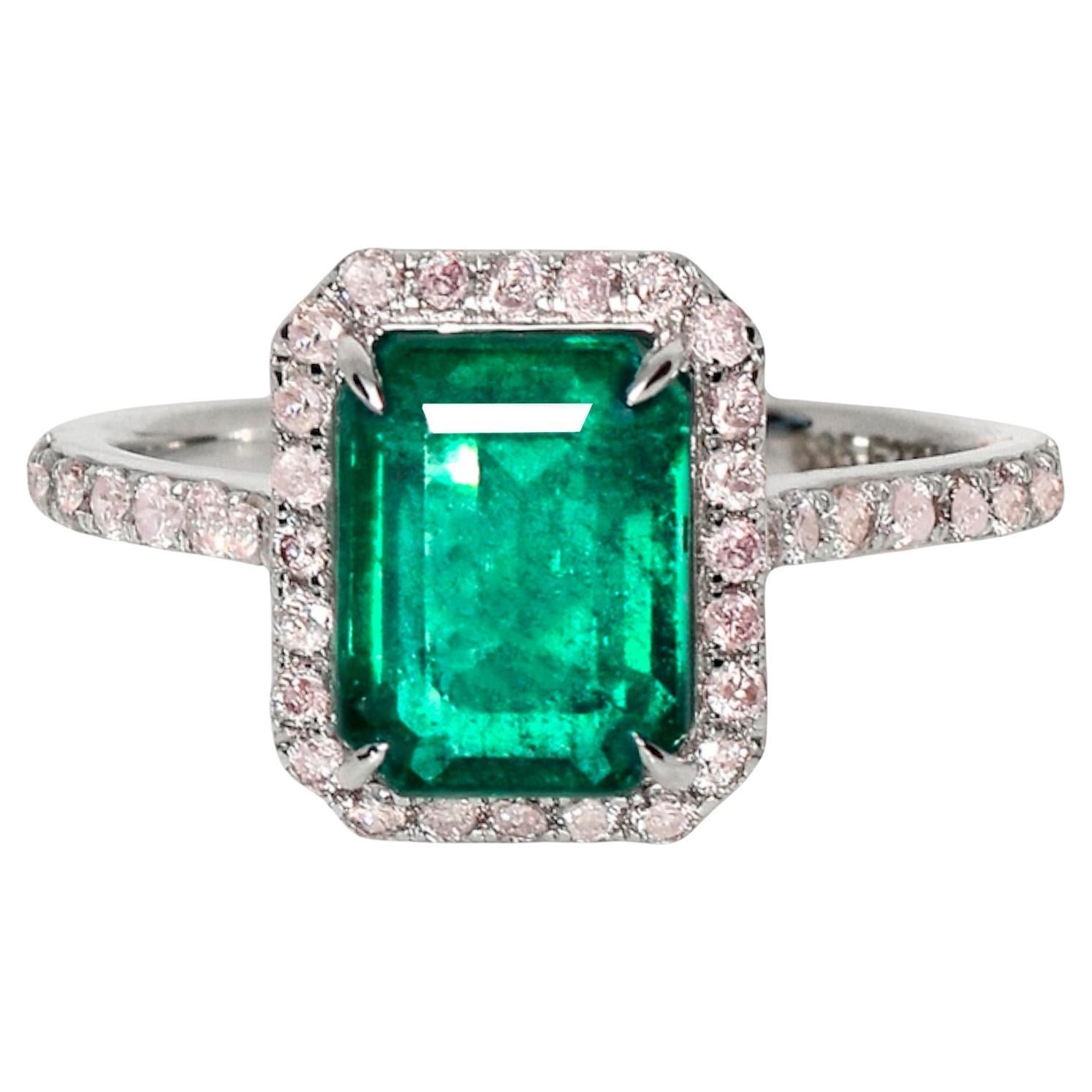 IGI 2.67 ct 14K White Gold Natural Green Emerald&Pink Diamond Engagement Ring