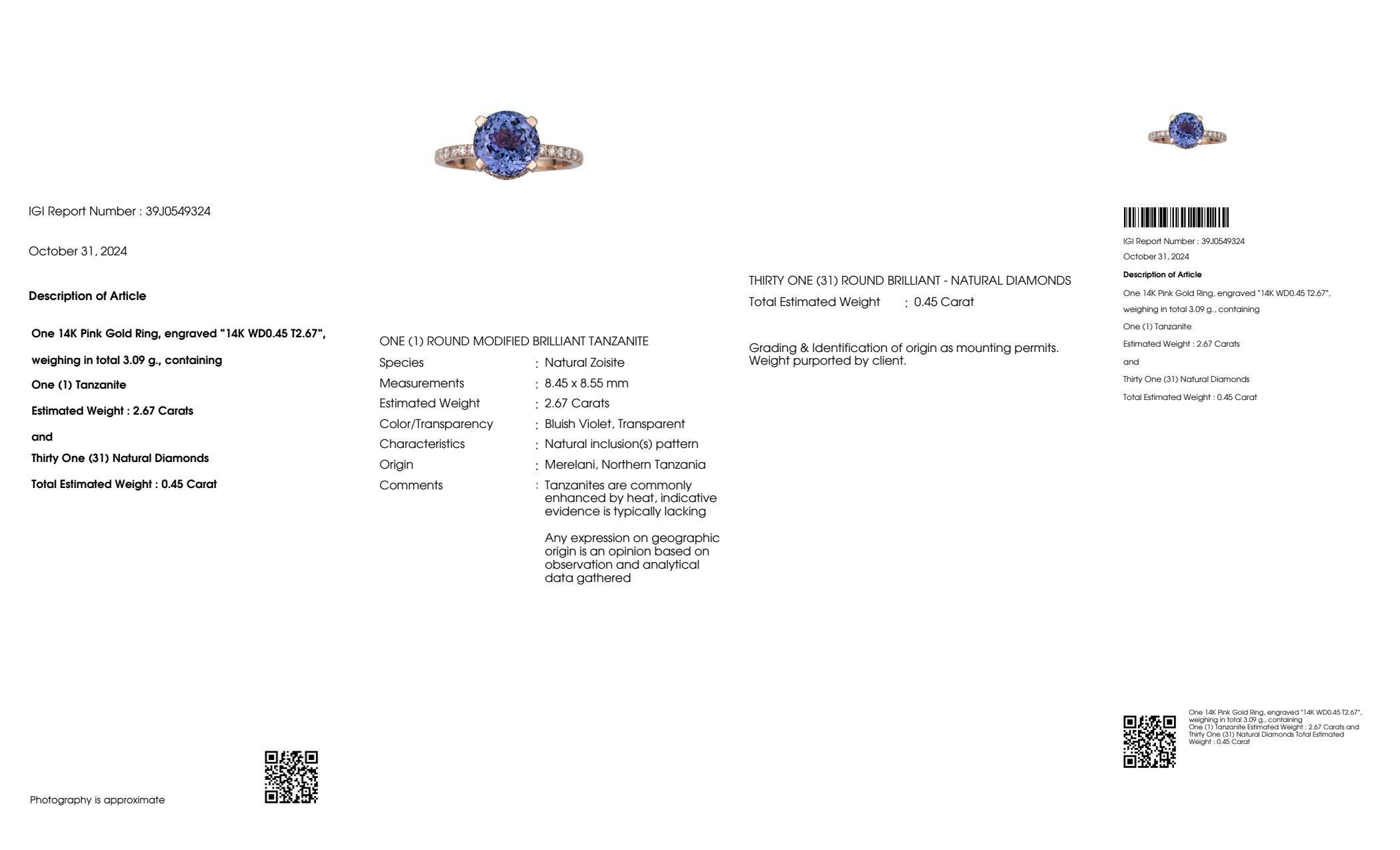 Contemporary IGI 14K 2.67 Ct Natural Tanzanite&Diamonds Antique Engagement Ring For Sale