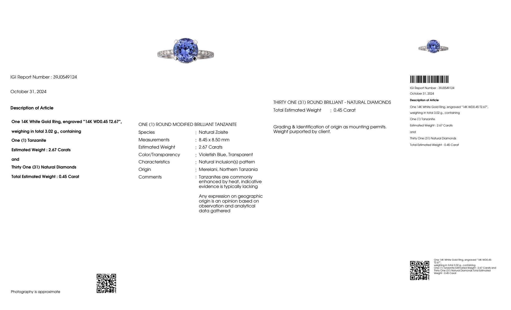 Contemporary IGI 14K 2.67 Ct Natural Tanzanite&Diamonds Antique Engagement Ring For Sale