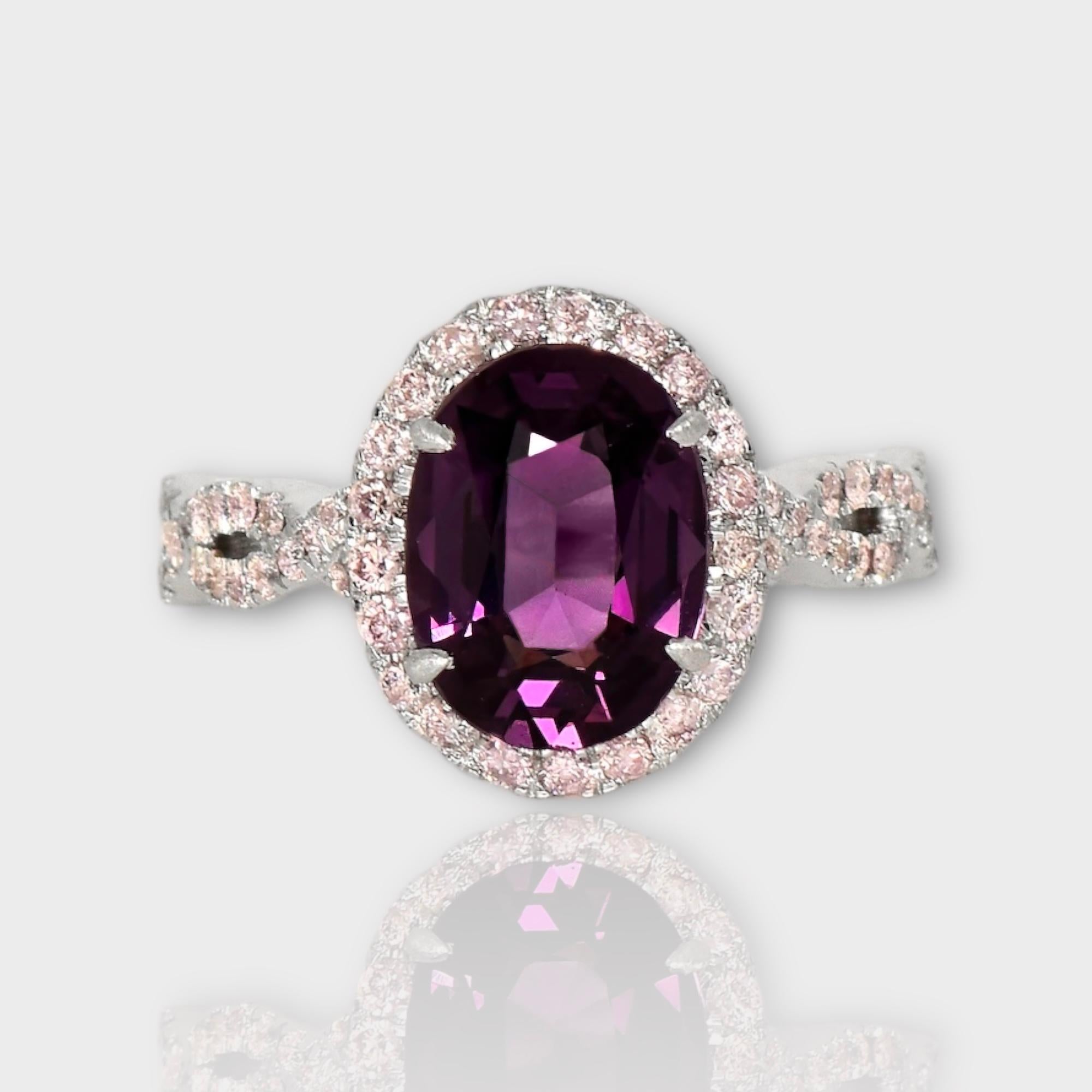 *IGI 14K 2.73 Ct Intense Purple Spinel&Pink Diamonds Antique Engagement Ring*

IGI-certified natural untreated intense purple spinel weighing 2.73 ct set on 14K white gold pave' design band with natural pink diamonds weighing 0.44 ct.  

The ring