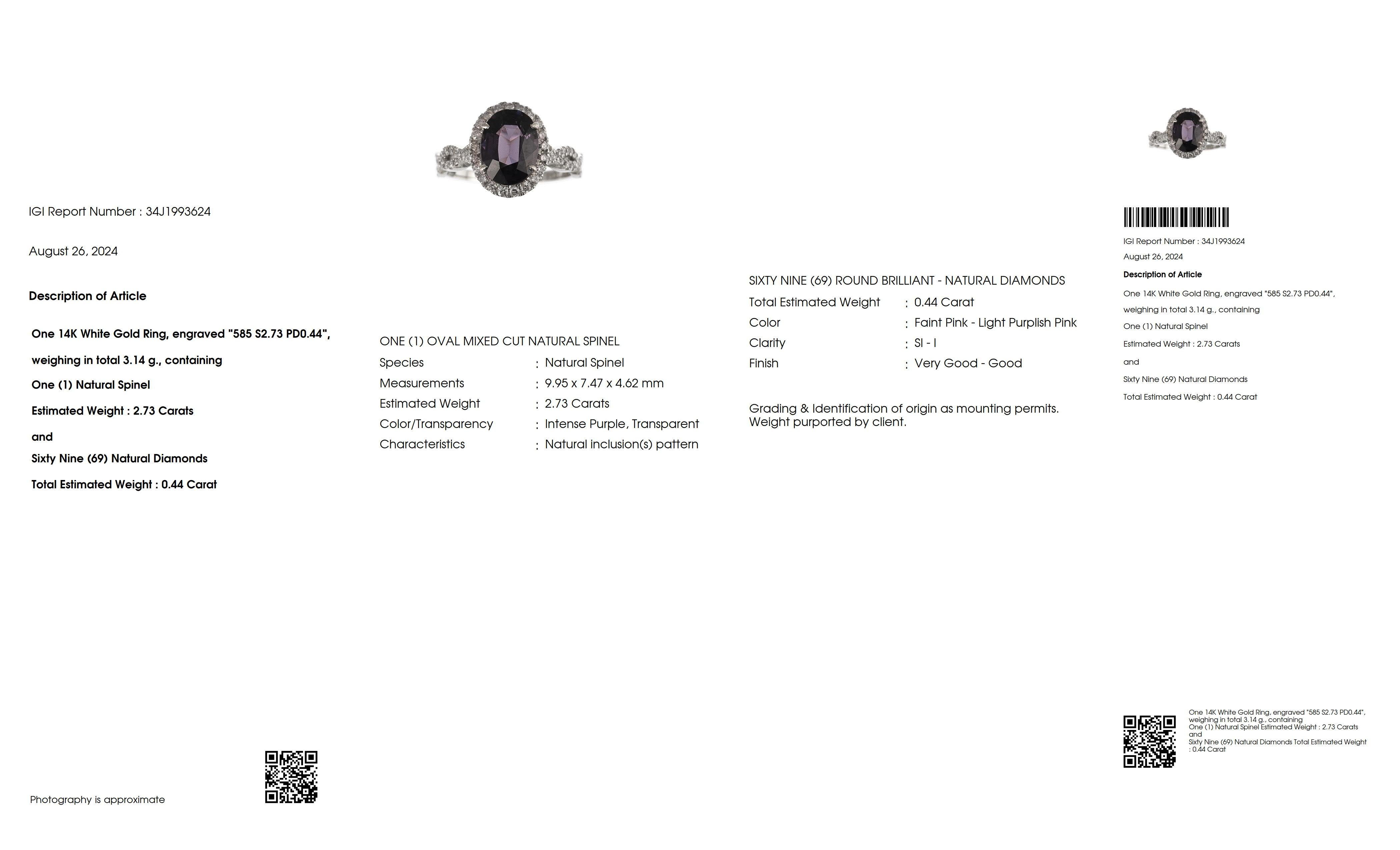 Contemporary IGI 2.73 Ct 14K White Intense Purple Spinel&Pink Diamonds Engagement Ring For Sale