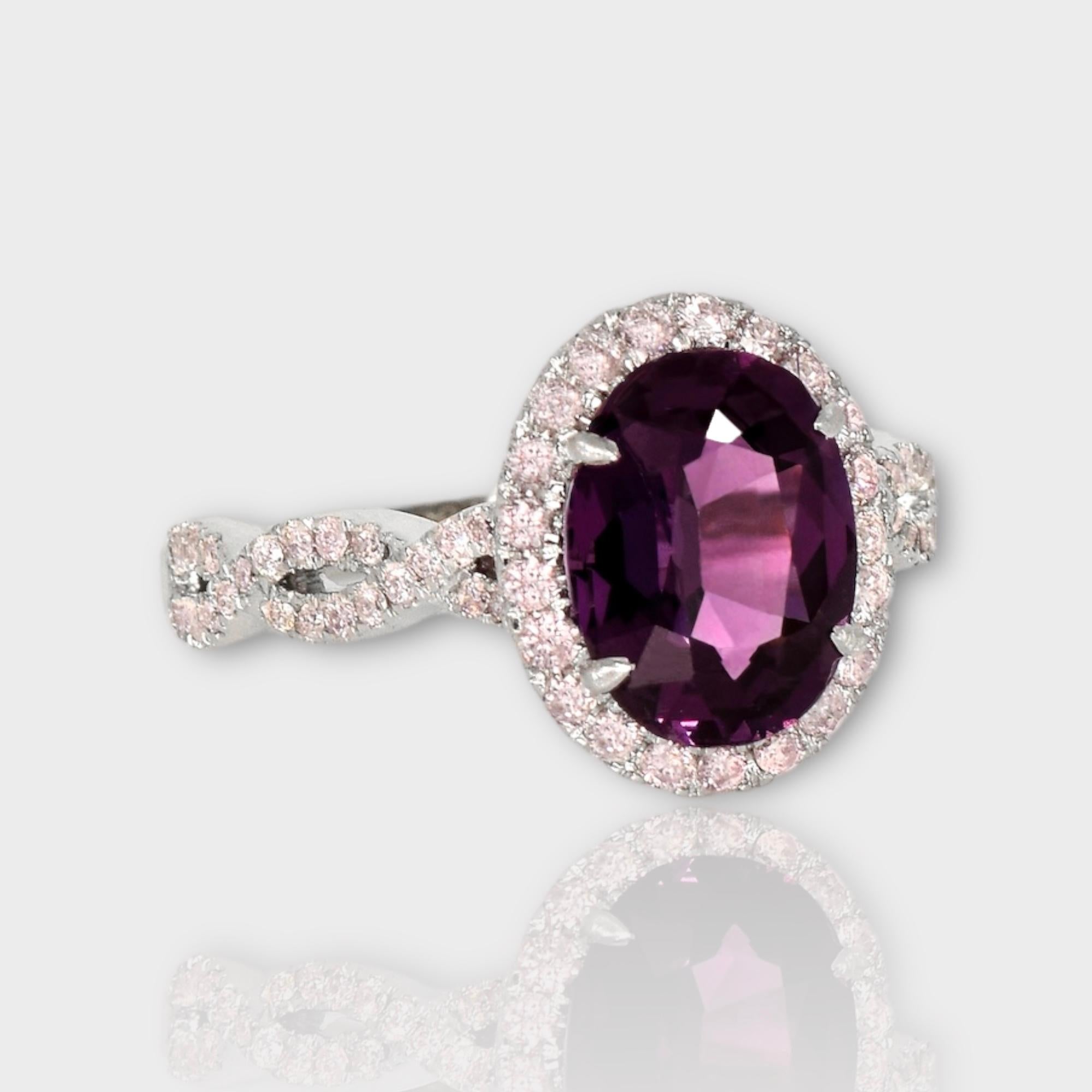 Oval Cut IGI 2.73 Ct 14K White Intense Purple Spinel&Pink Diamonds Engagement Ring For Sale