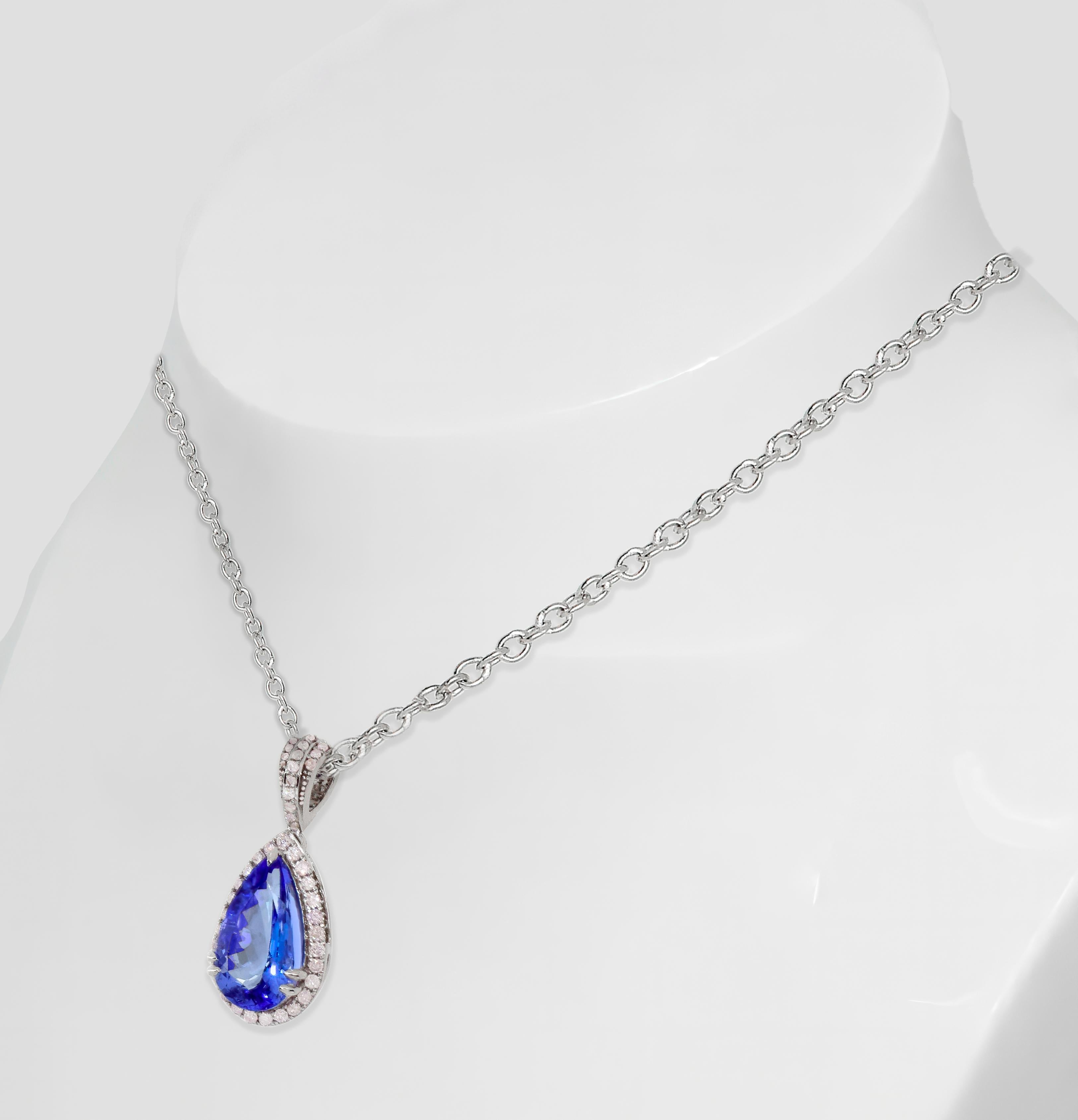 Contemporary IGI 14K 2.86 ct Tanzanite&Pink Diamond Antique Pendant Necklace For Sale