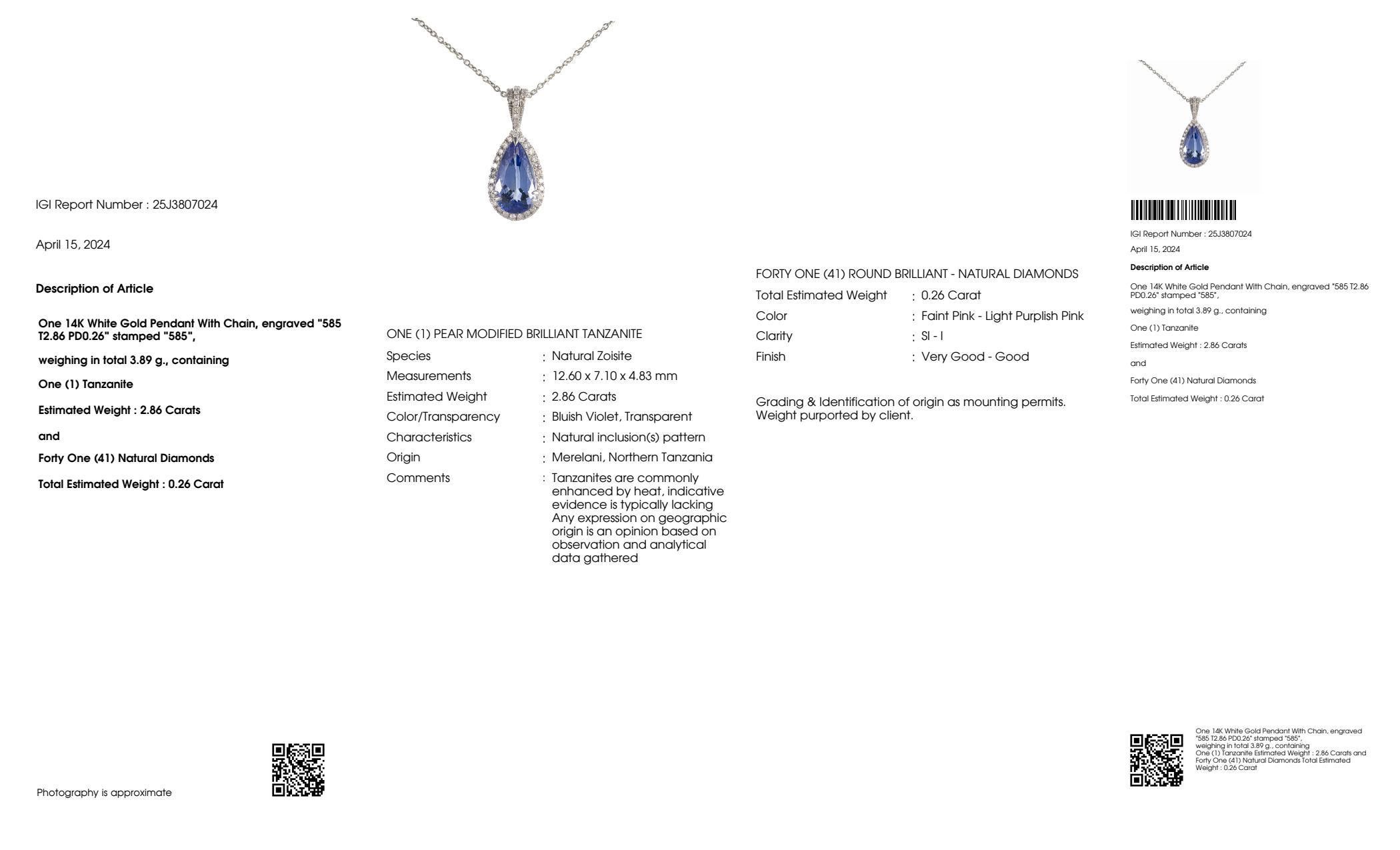 IGI 14K 2.86 ct Tanzanite&Pink Diamond Antique Pendant Necklace For Sale 2