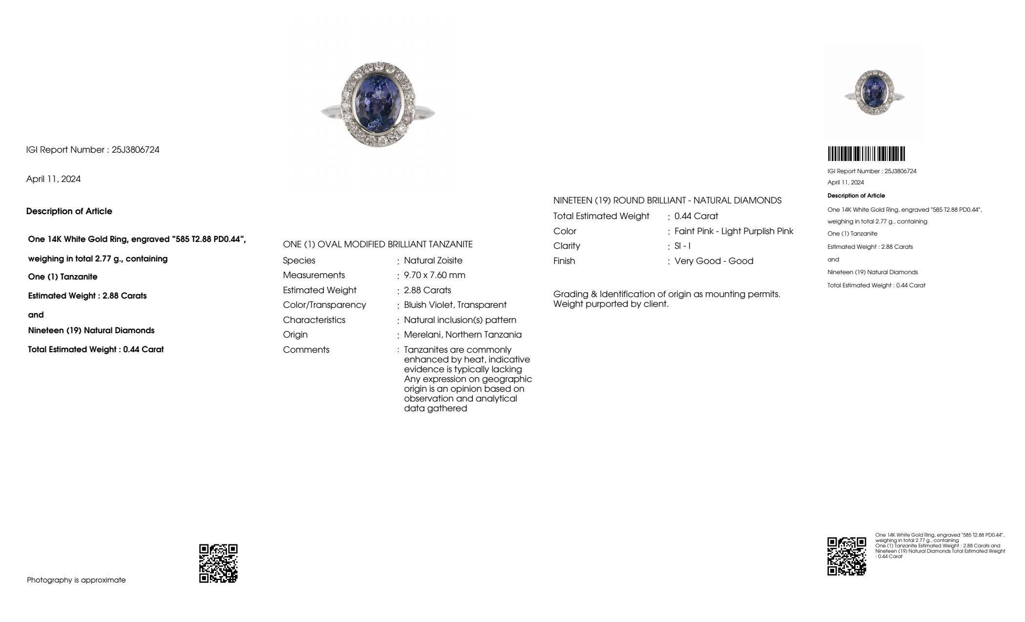 IGI 14K 2.88 ct Tanzanite&Pink Diamond Antique Art Deco Engagement Ring For Sale 2
