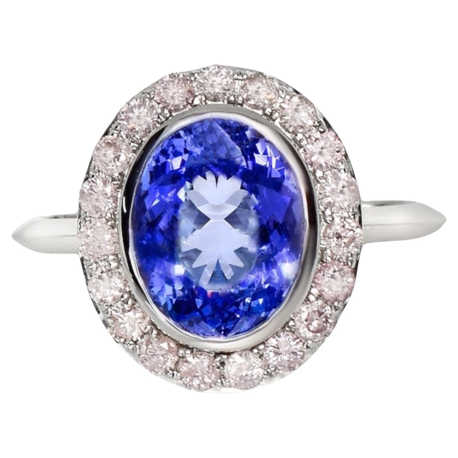 IGI 14K 2.88 ct Tanzanite&Pink Diamond Antique Art Deco Engagement Ring