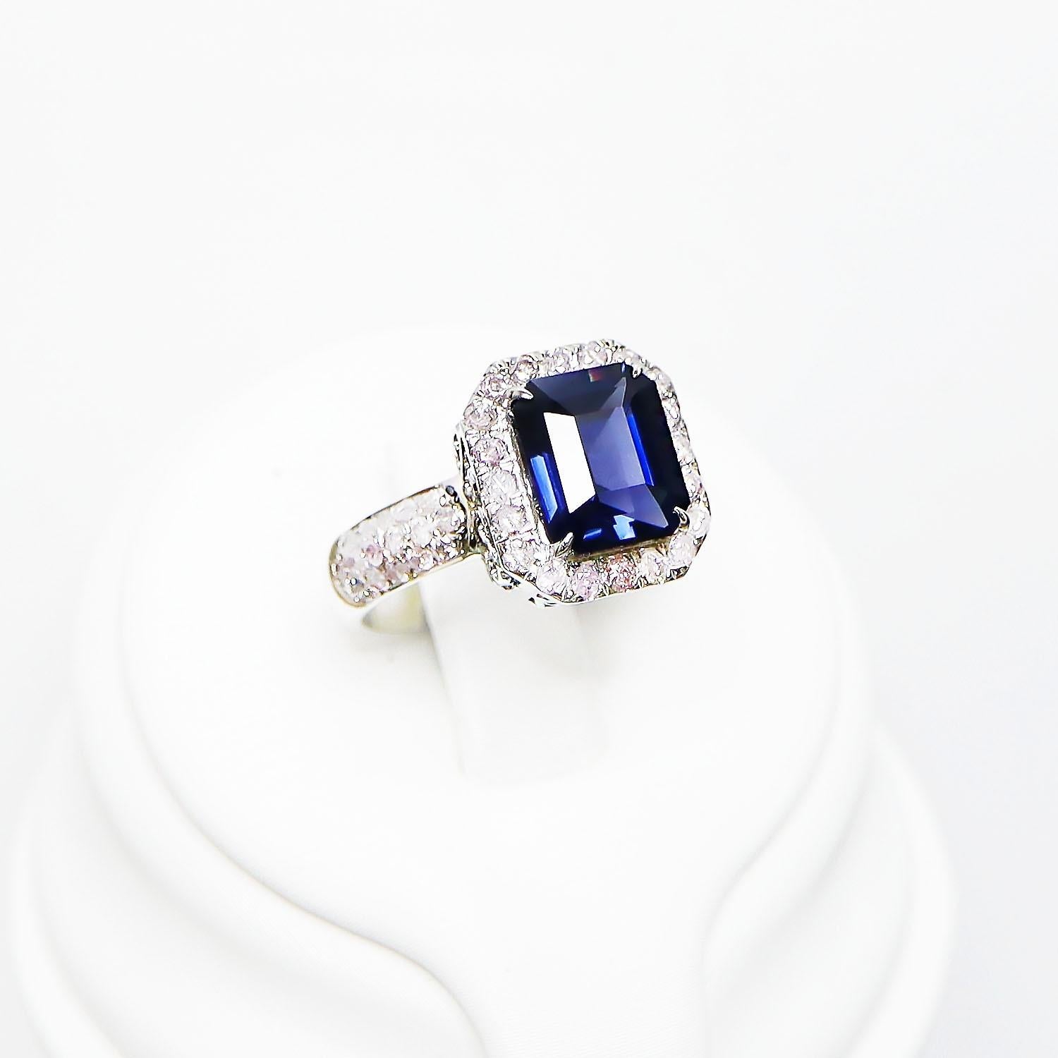 Women's or Men's IGI 14K 2.90 Ct Color Change Blue Spinel&Pink Diamonds Antique Engagement Ring For Sale