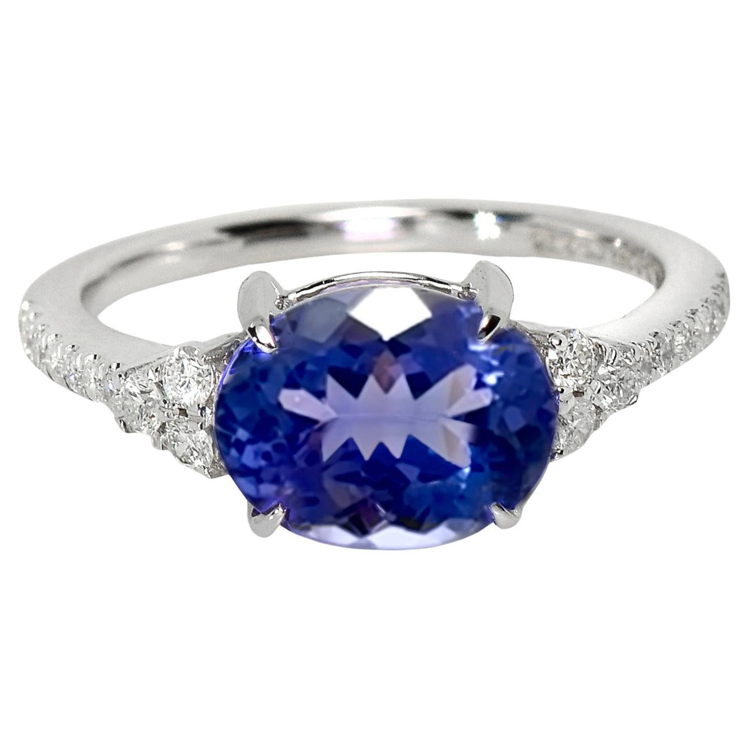 Bague de fiançailles IGI 14K 2.94 Ct White Vivid Tanzanite&Diamonds