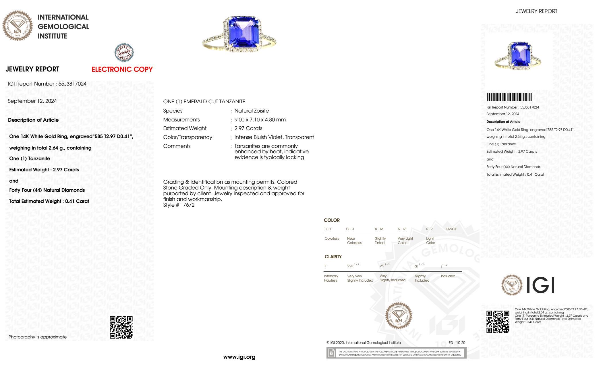IGI 14K 2,97 Karat natürlicher Tansanit&Diamanten Antiker Verlobungsring (Zeitgenössisch) im Angebot