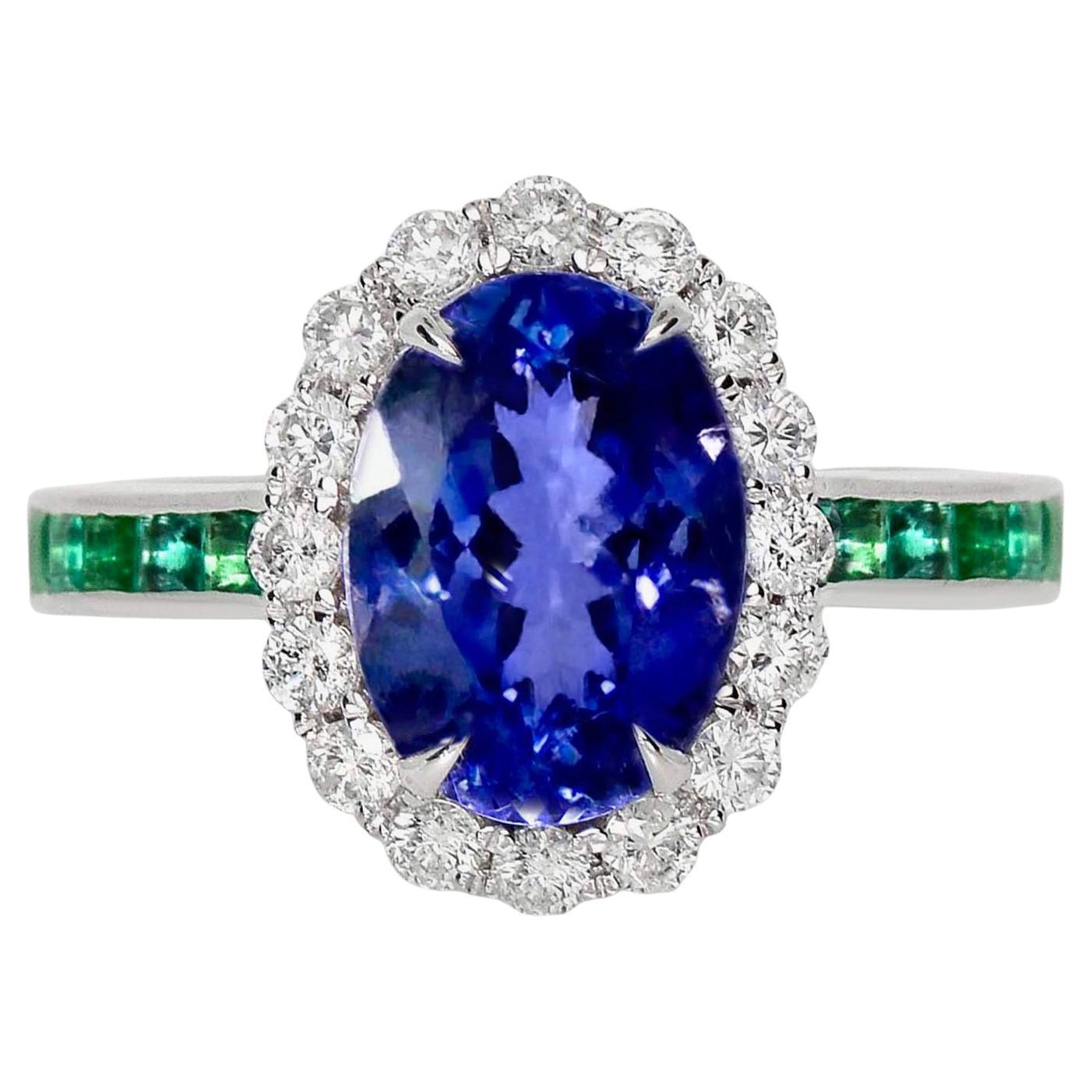 Anello di fidanzamento antico IGI 14K 2.97 Ct Nature Tanzanite&Diamanti&Emeraldi
