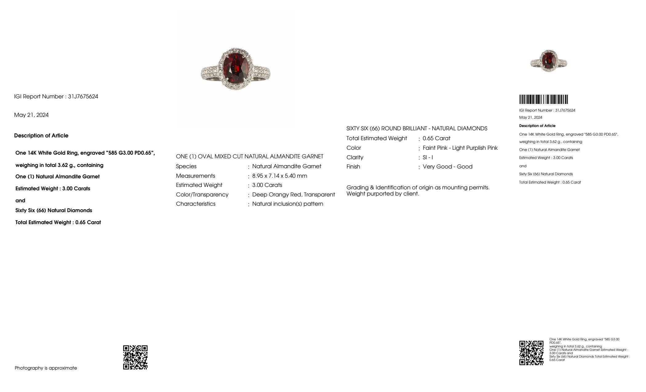 IGI 14K 3,00 Karat Roter Granat&Diamanten Antiker Verlobungsring im Art-déco-Stil (Zeitgenössisch)