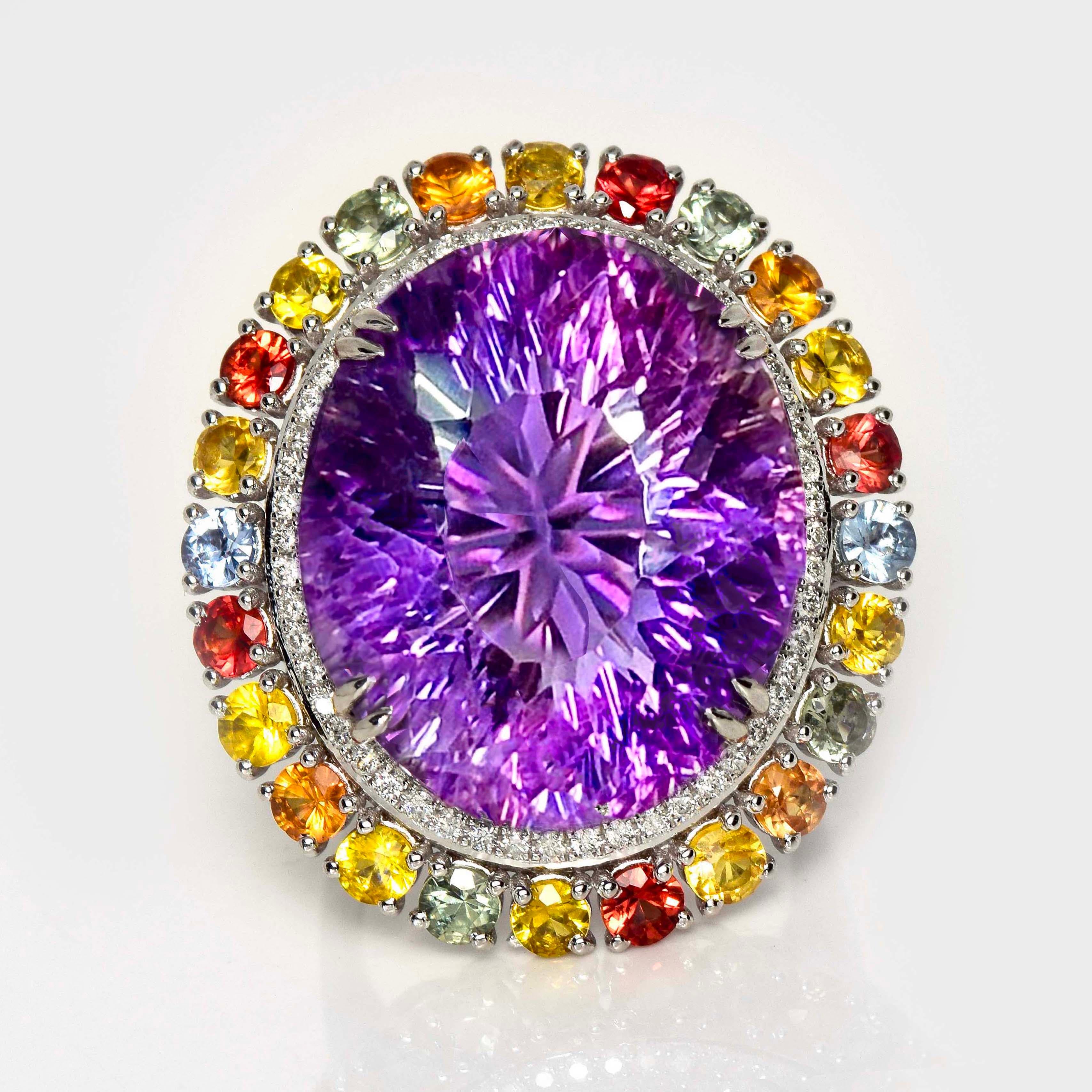 *IGI 14K 30.09 ct  Natural Amethyst Diamond&Fancy Sapphires Antique Cocktail Ring*
This ring features a 30.09-carat natural purple Amethyst. It is set on a 14K white gold band and accented with natural F-G, VS diamonds weighing 0.39 carats, and