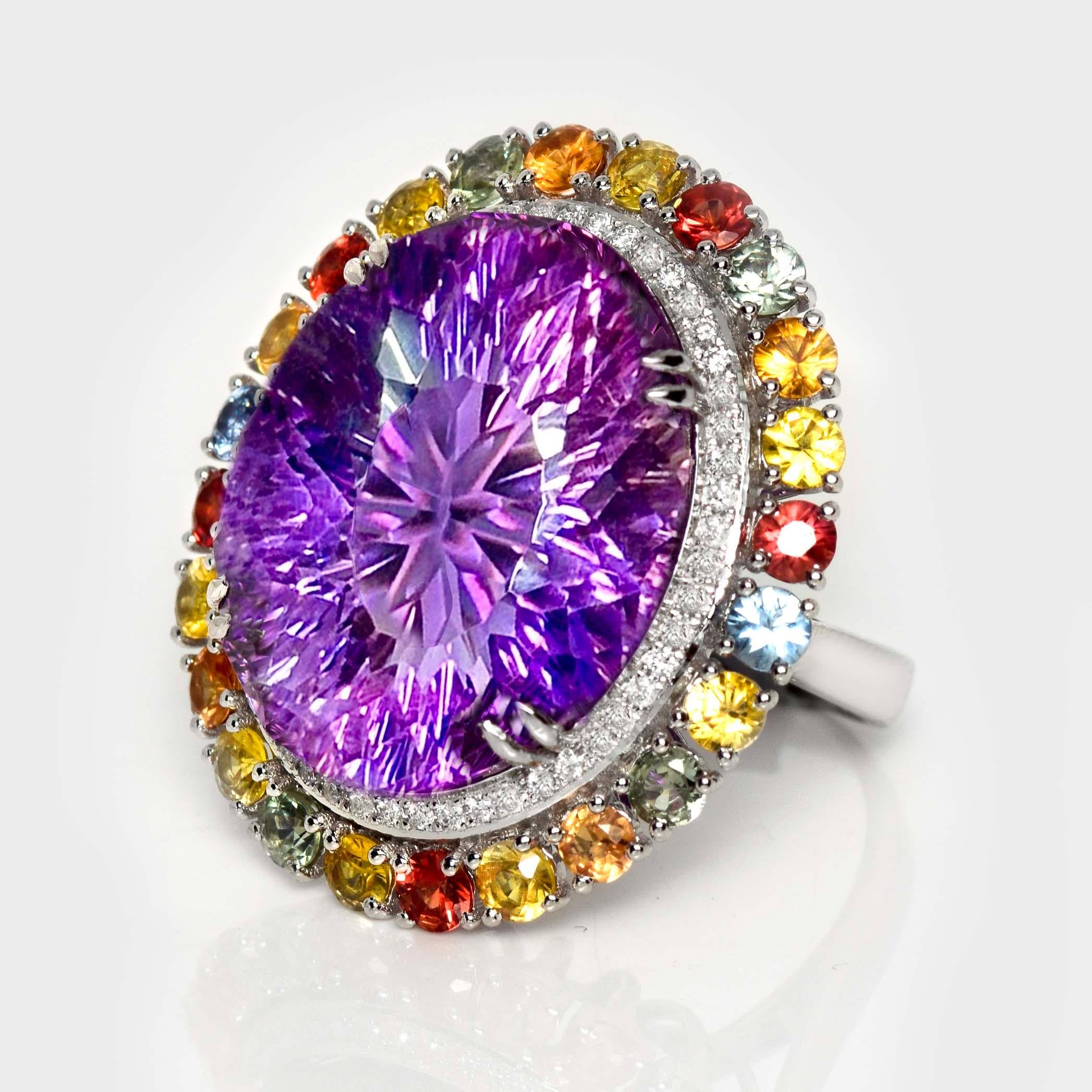 Art Deco IGI 14K 30.09 ct  Natural Amethyst Diamond&Fancy Sapphires Antique Cocktail Ring For Sale