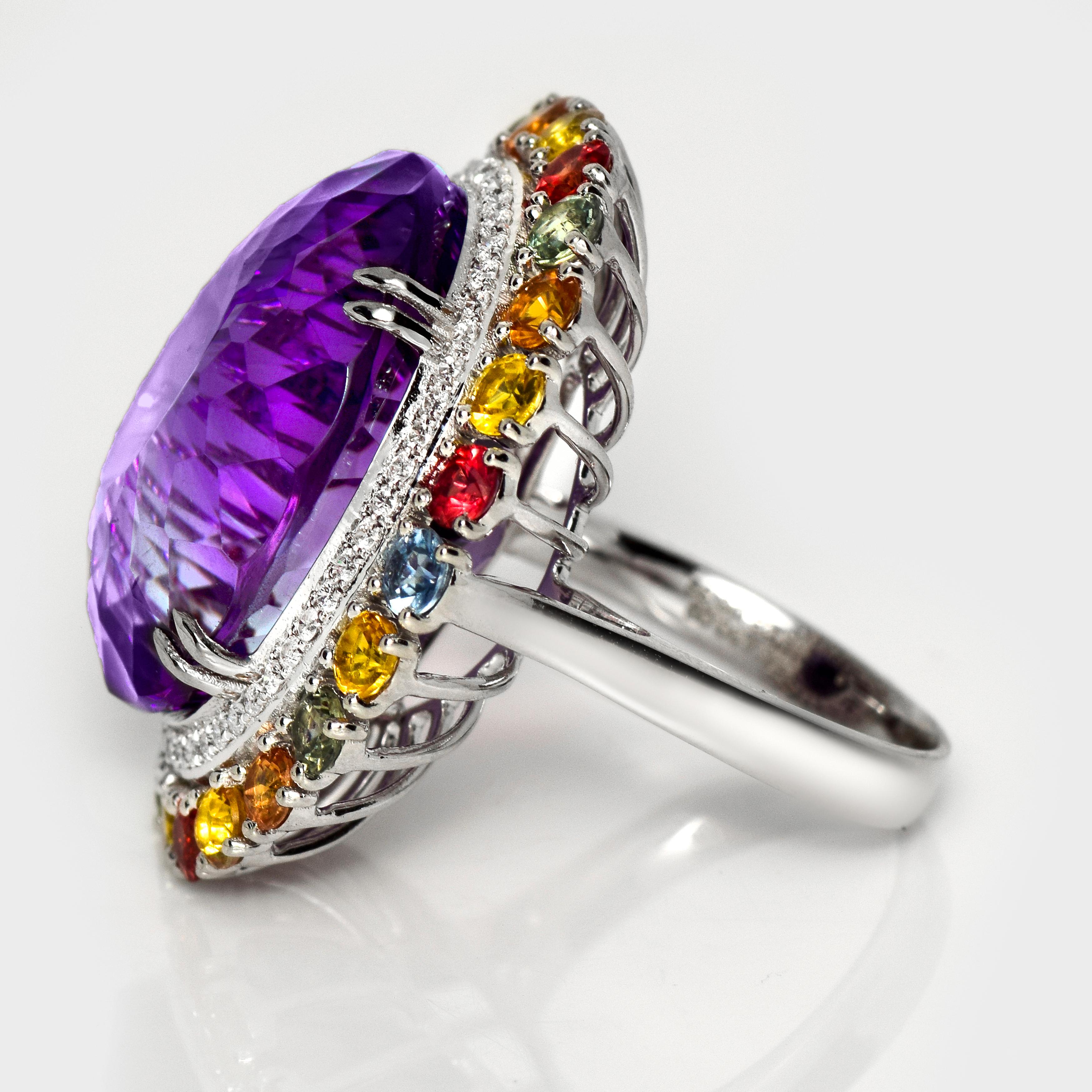 Oval Cut IGI 14K 30.09 ct  Natural Amethyst Diamond&Fancy Sapphires Antique Cocktail Ring For Sale