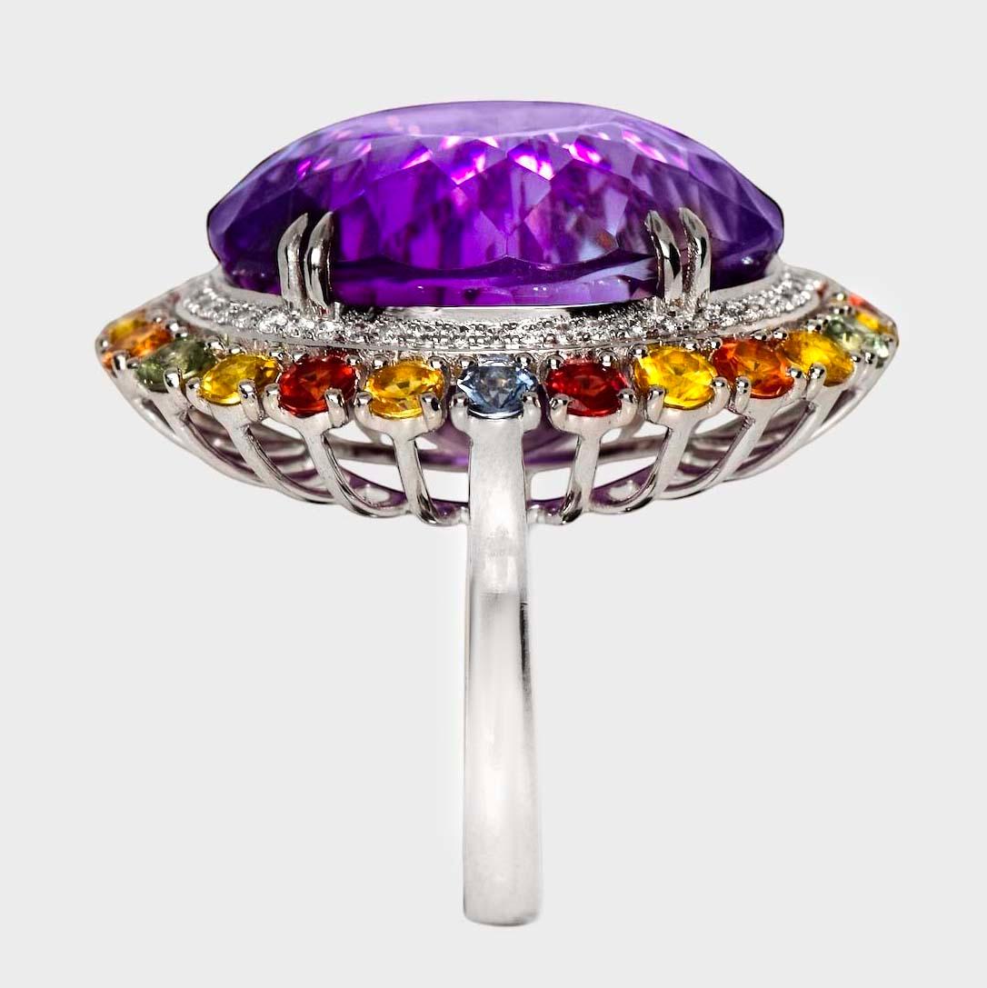 IGI 14K 30.09 ct  Natural Amethyst Diamond&Fancy Sapphires Antique Cocktail Ring In New Condition For Sale In Kaohsiung City, TW