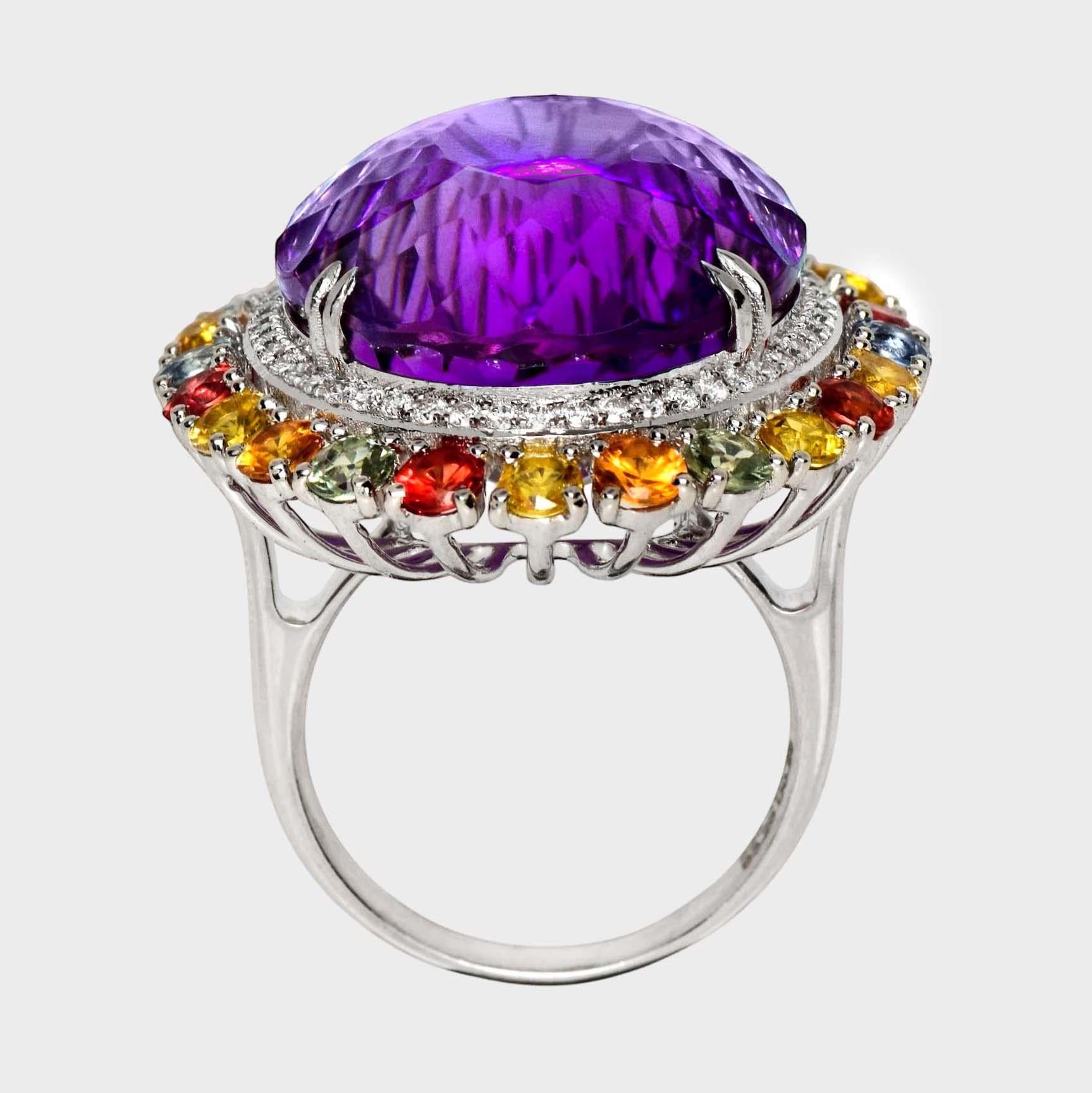 Women's IGI 14K 30.09 ct  Natural Amethyst Diamond&Fancy Sapphires Antique Cocktail Ring For Sale