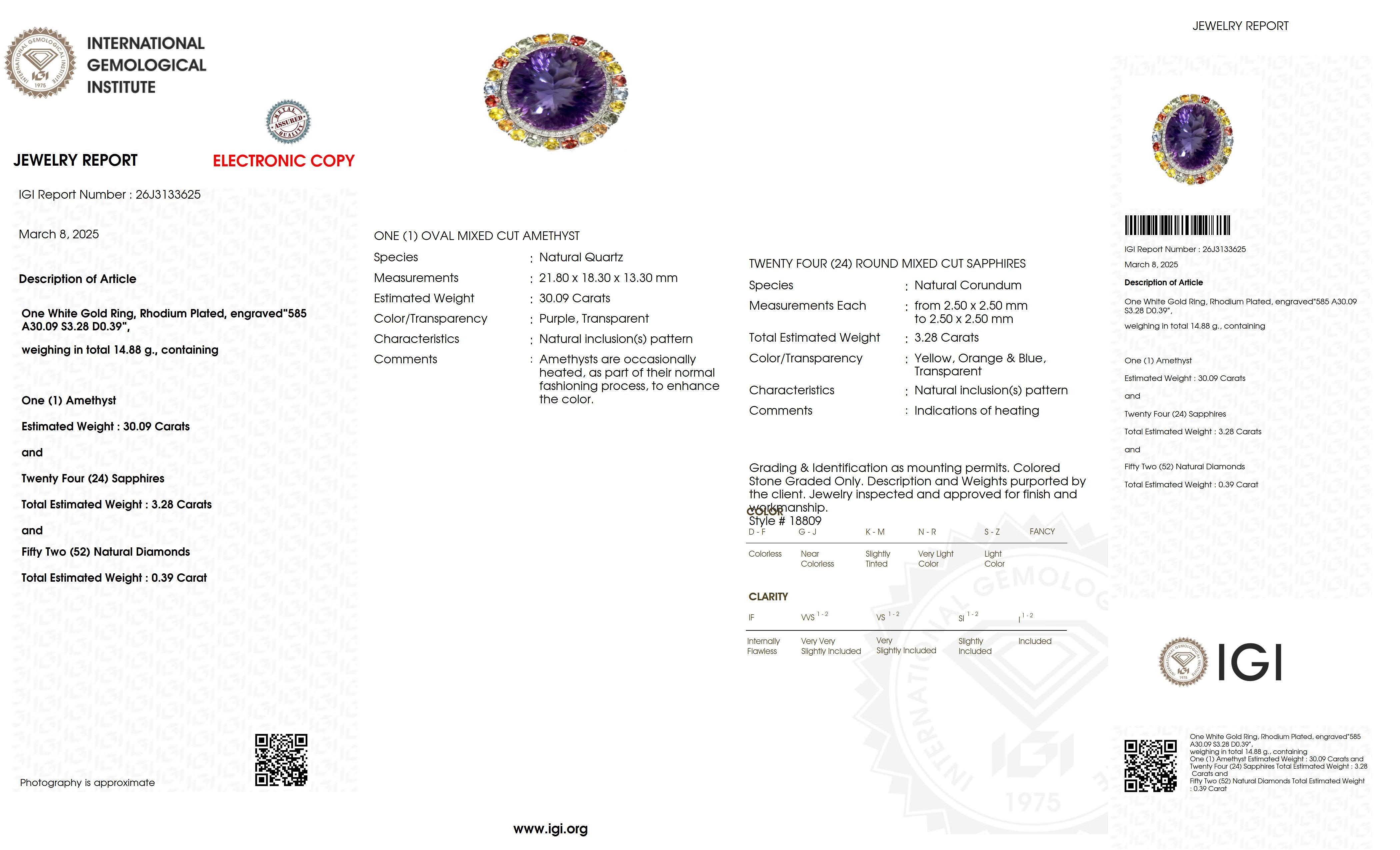IGI 14K 30.09 ct  Natural Amethyst Diamond&Fancy Sapphires Antique Cocktail Ring For Sale 2