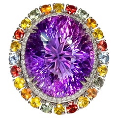IGI 14K 30,09 ct  Bague cocktail ancienne en améthyste naturelle, diamants et saphirs fantaisie