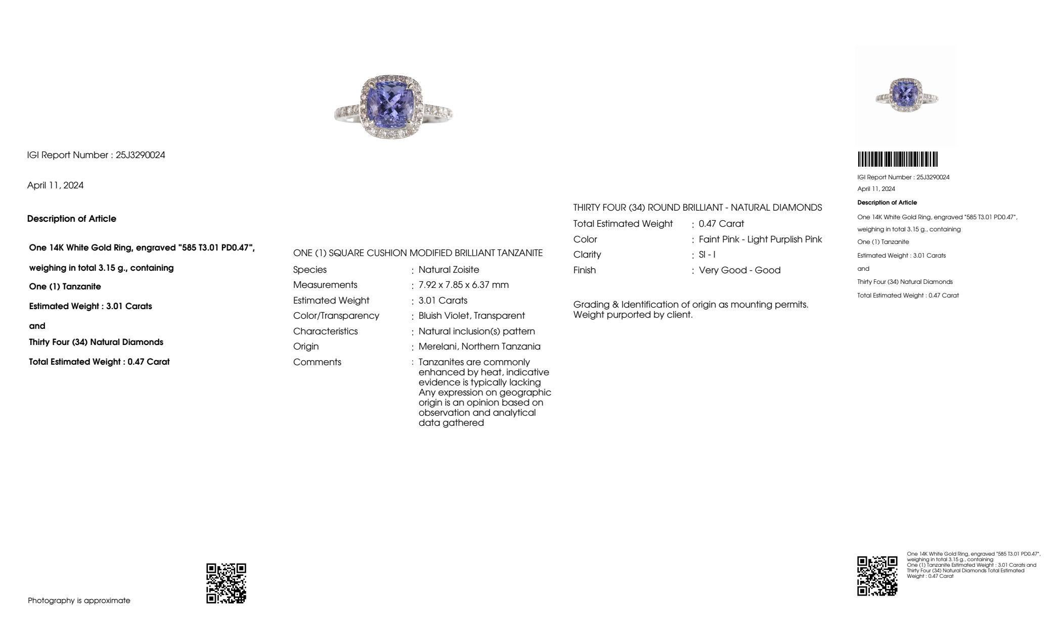 Bague de fiançailles IGI 14K 3.01 ct Tanzanite&Pink Diamond Antique Art Deco en vente 2