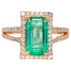 Bague de fiançailles IGI 14k 3.03 Carat Natural Emerald & Diamond Antique Art Deco