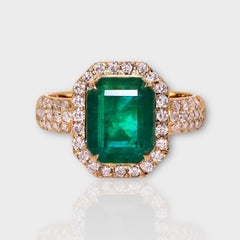 IGI 14k 3.08 Ct Natural Emerald&Pink Diamonds Antique Engagement Ring