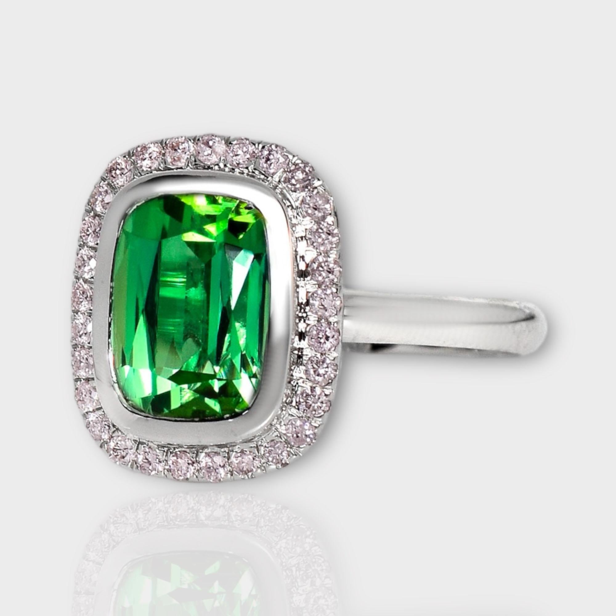 Cushion Cut IGI 14K 3.10 Natural Tourmaline&Pink Diamonds Antique Engagement Ring For Sale